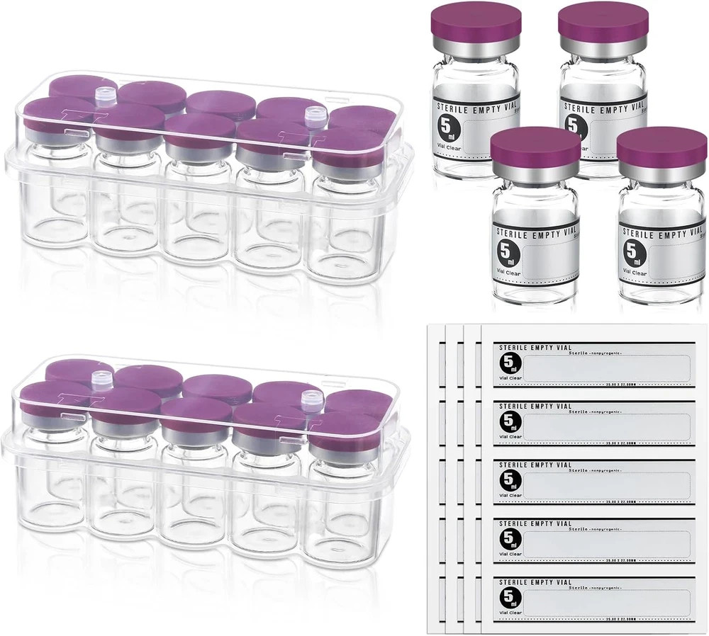 20pcs 5ml Sterile Empty Glass Vials with Self Healing Injection Port + Labels