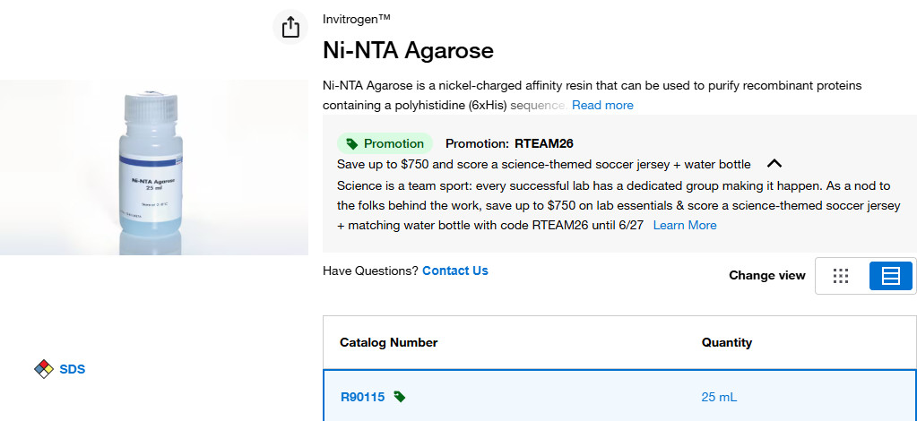 Ni-NTA agarose beads, 25 ml, Thermo Sci R90115, for His tag purifications
