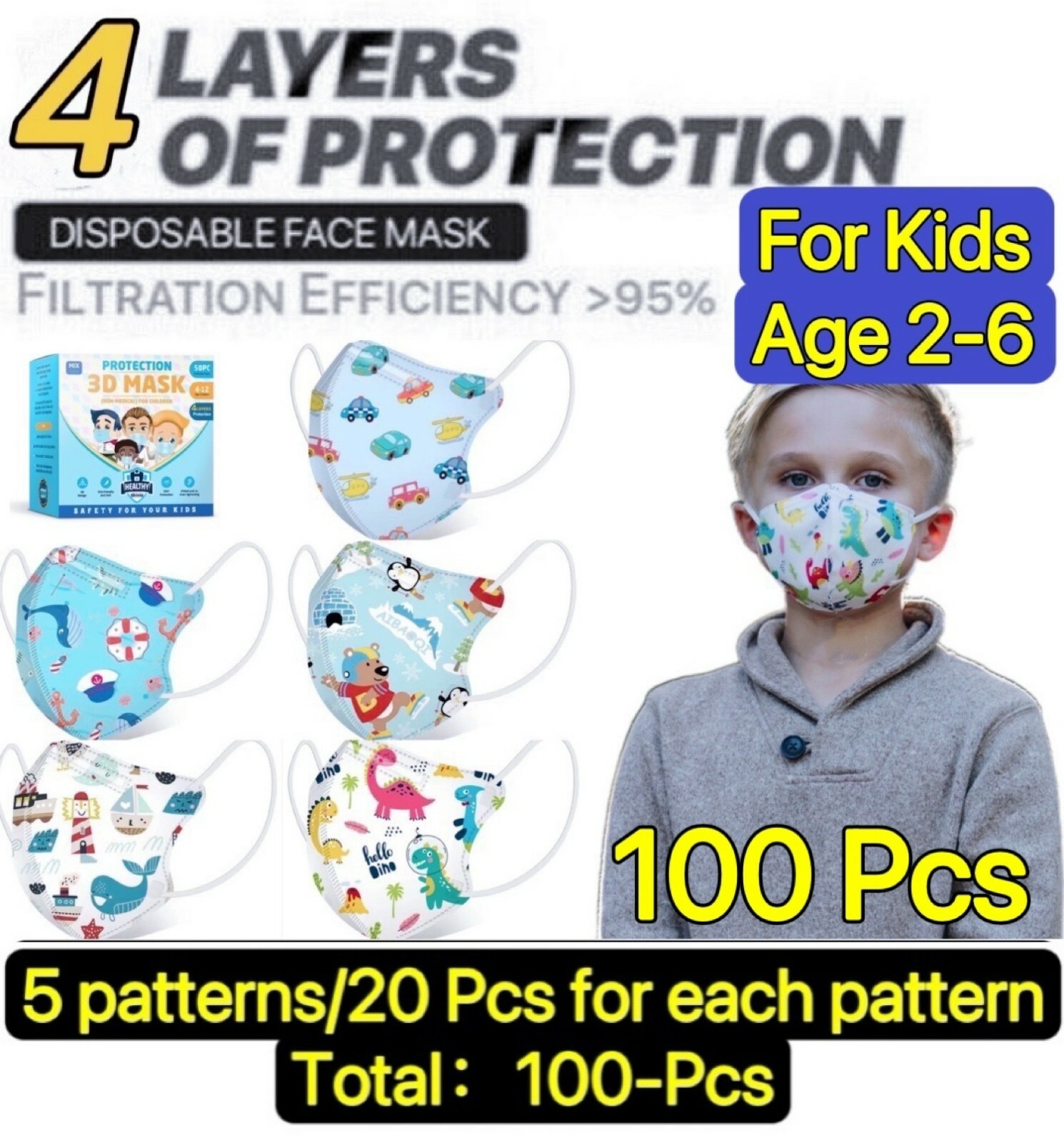 100 Pcs Cartoon Kids BFE 95% Protective 4 Layer Face Masks Disposable Respirator