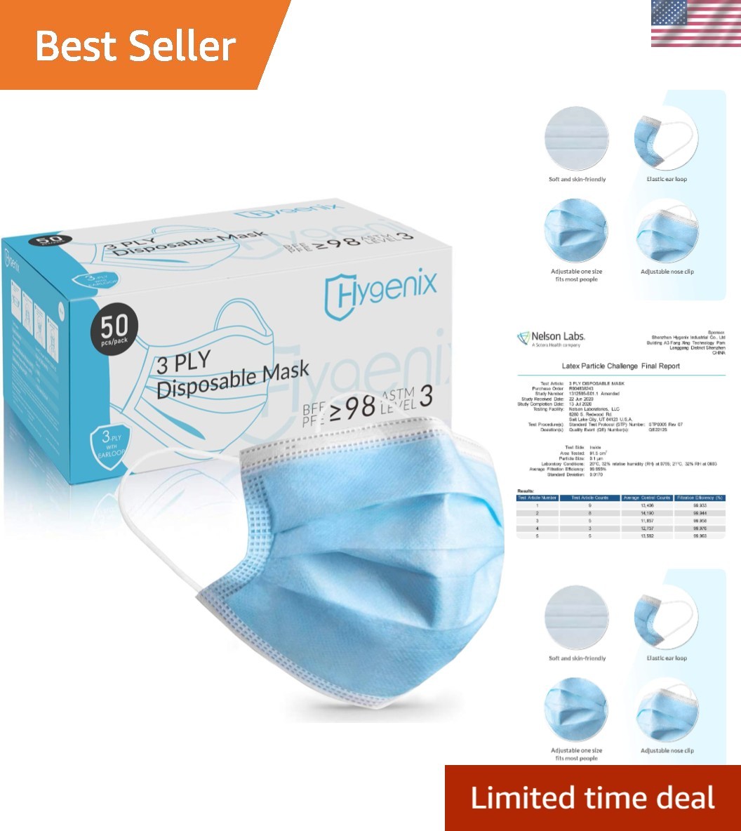 Level 3 3Ply Disposable Face Masks – 50 Pack with ≥98% Filtration, Fluid Resi…