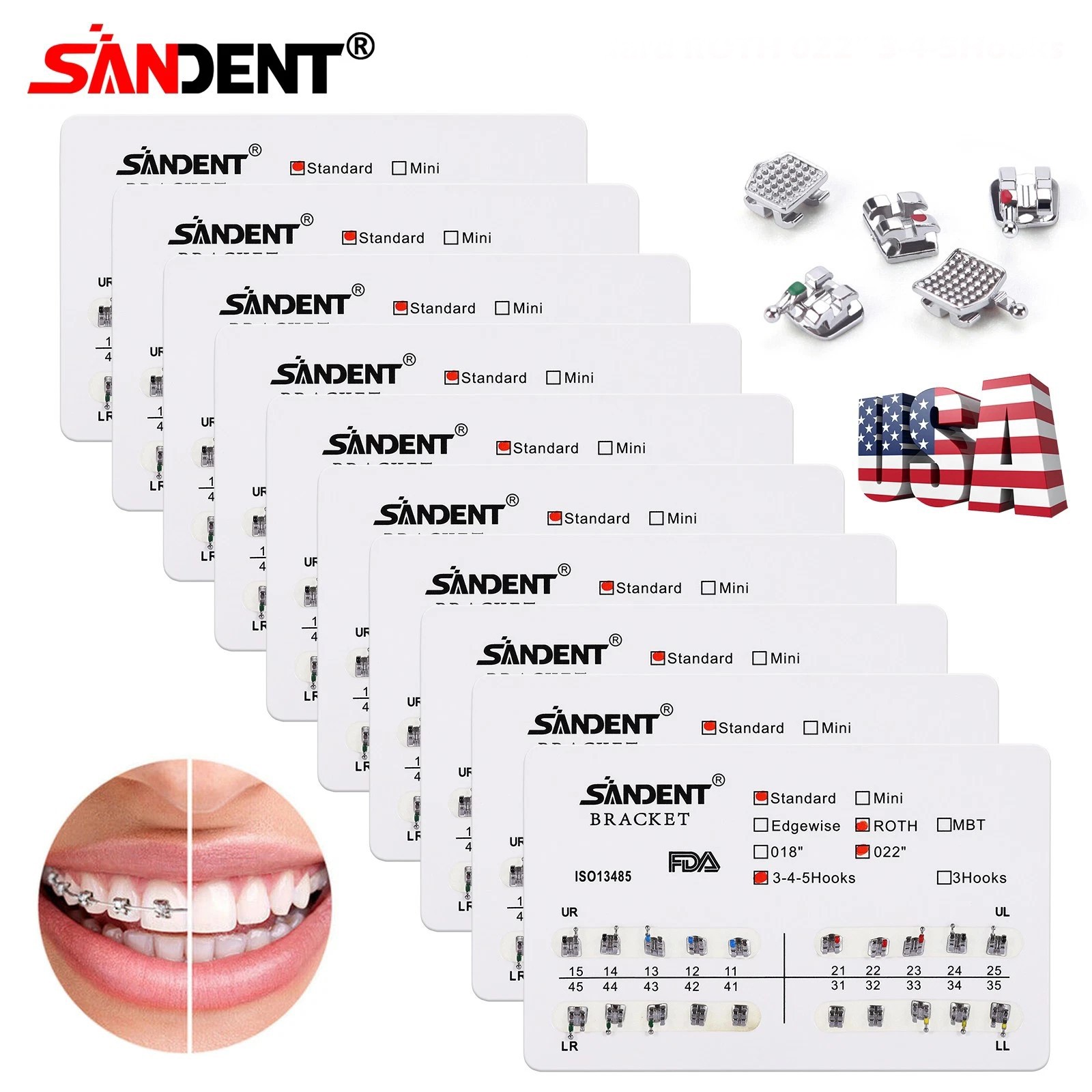 10 kits Dental Orthodontic Brackets Metal Braces Standard Roth 022 Hooks 3-4-5