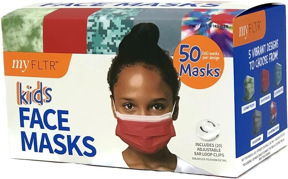 FLTR Kids Face Masks 50 Masks 20 Adjustable Ear Loops – NEW / Damaged Boxes
