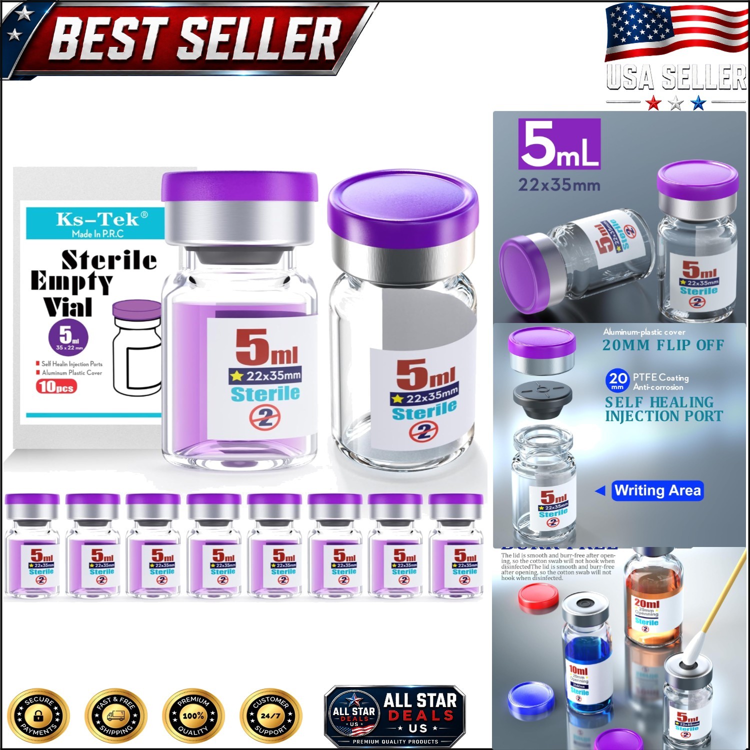 Pack of 10 Leak-Proof 5ml Sterile Vials with Aluminum Flip Cap for Laboratories