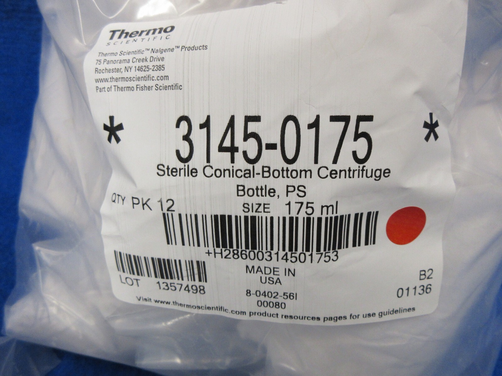 Thermo Nalgene Sterile Conical Bottom 175ml Centrifuge Bottle PS 12pck 3145-0175