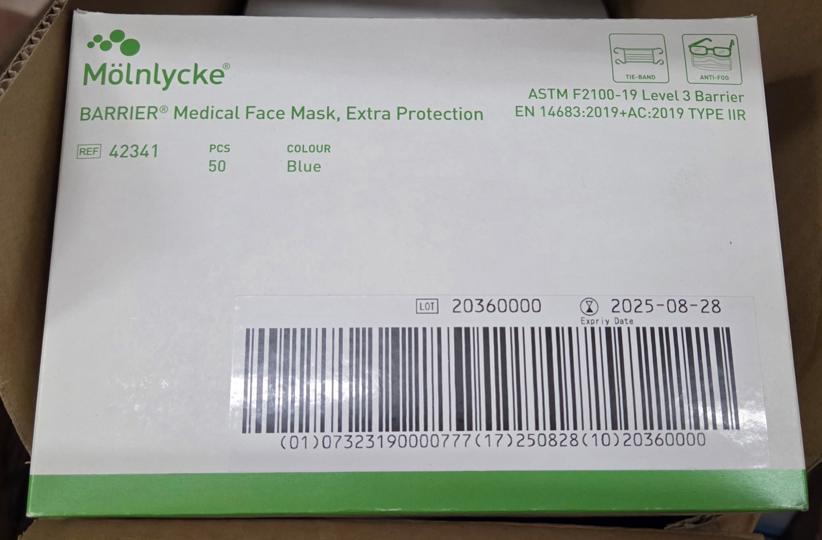 Molnlycke Barrier Medical Face Masks Tie-On Procedure Blue LF Level 3 -50- 42341