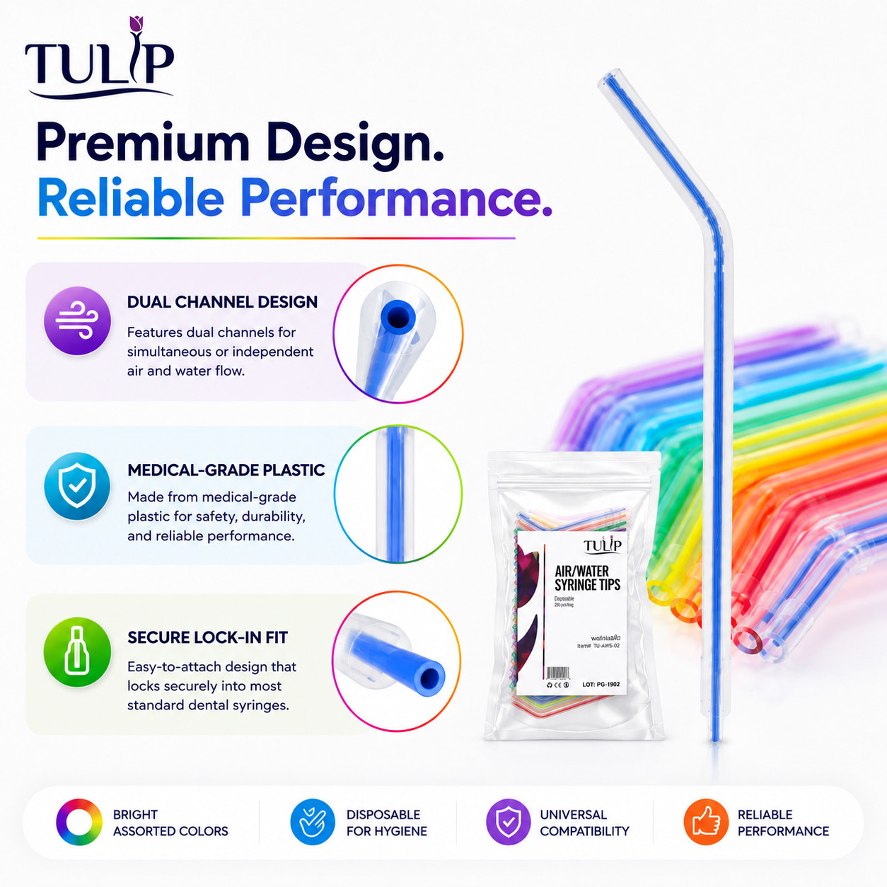 250 Disposable Dental Air Water Syringe Tips Rainbow Color Coded by Tulip