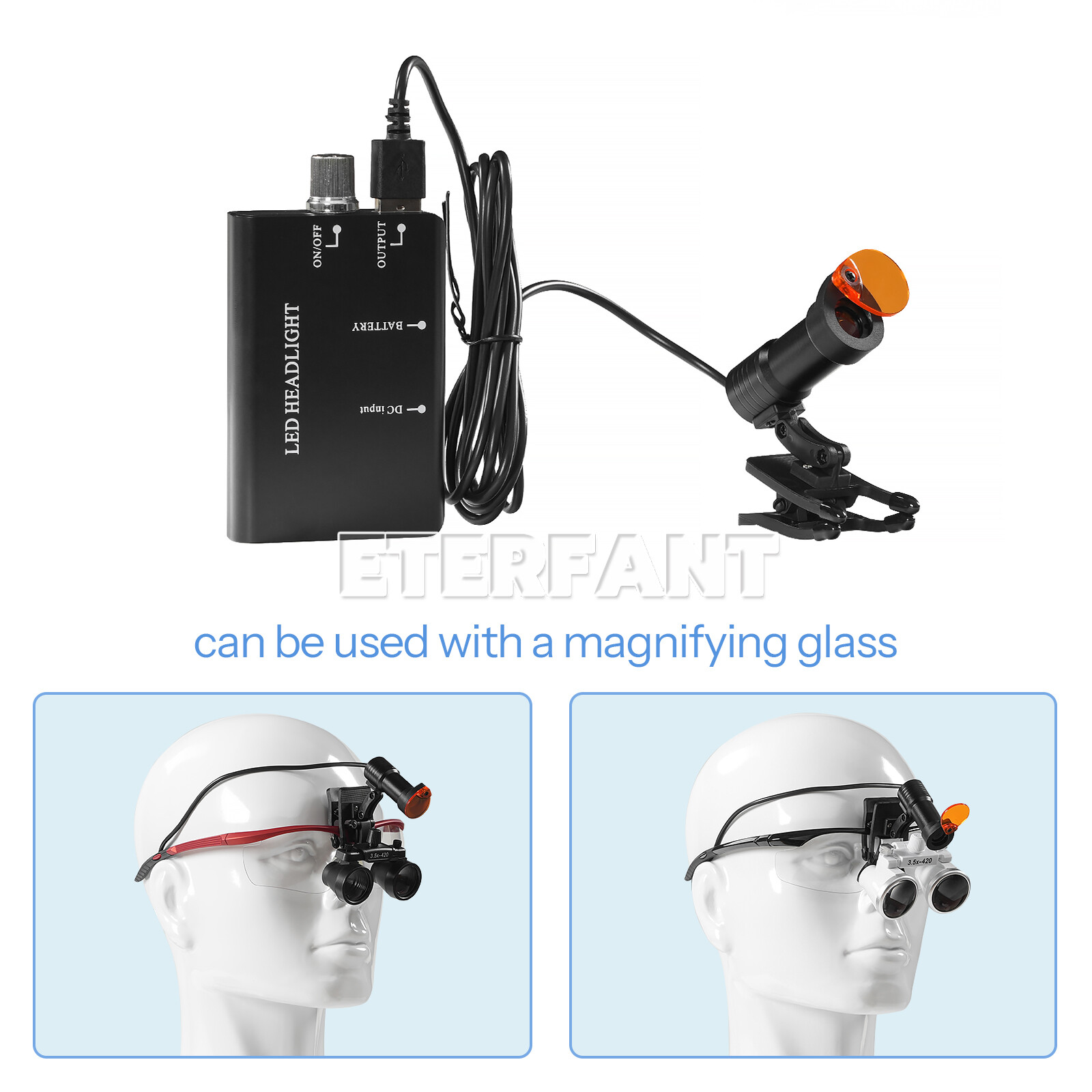 ETERFANT 5W LED Headlight Lamp Dental Metal Clip w/Filter for Binocular Loupe