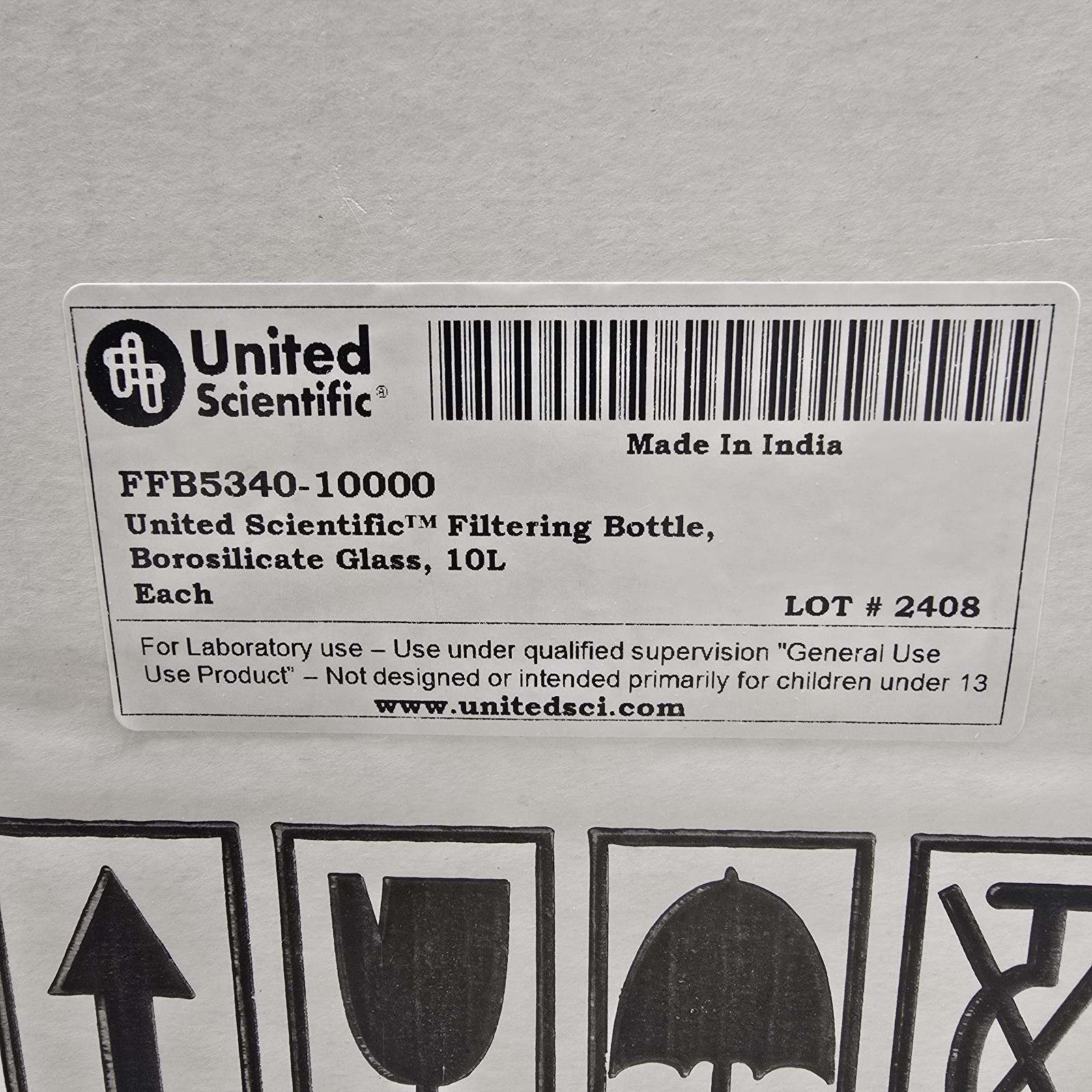 United Scientific Supplies FFB5340-10000 Borosilicate Glass Filtering Bottle 10L