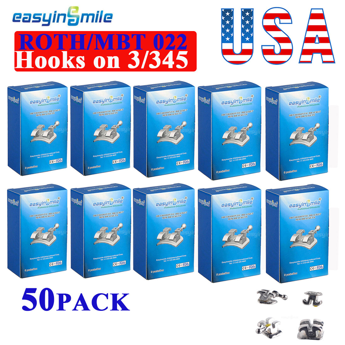 50pk Dental Orthodontic Metal Brackets Mini Brace MBT/ROTH Slot.022/018 Hooks345