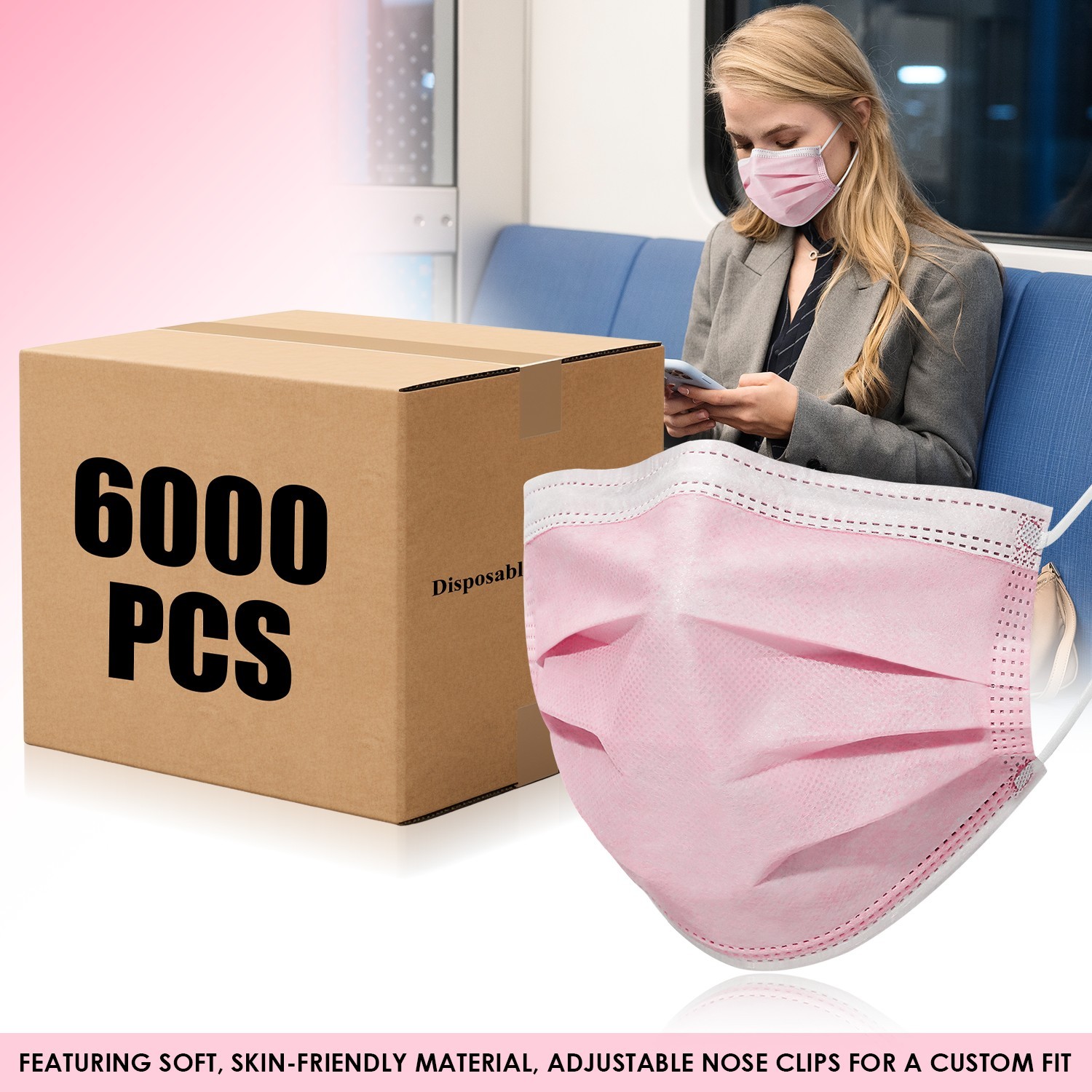 Case of 60 Boxes (6000Pcs) – Pink Disposable Face Masks 3-Ply Earloop Cover