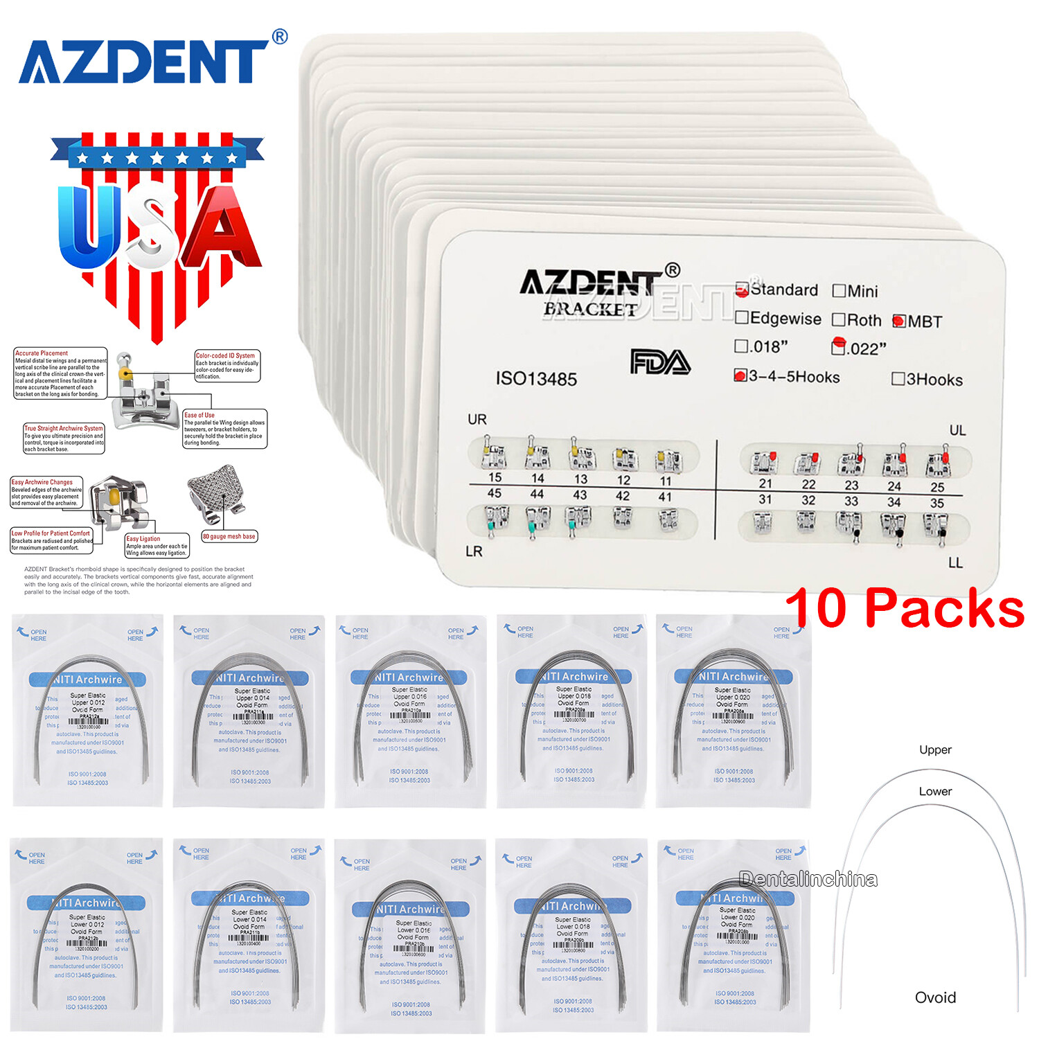 10Kits Dental Orthodontics Brackets Braces /Supper Elastic Niti Round Arch Wires