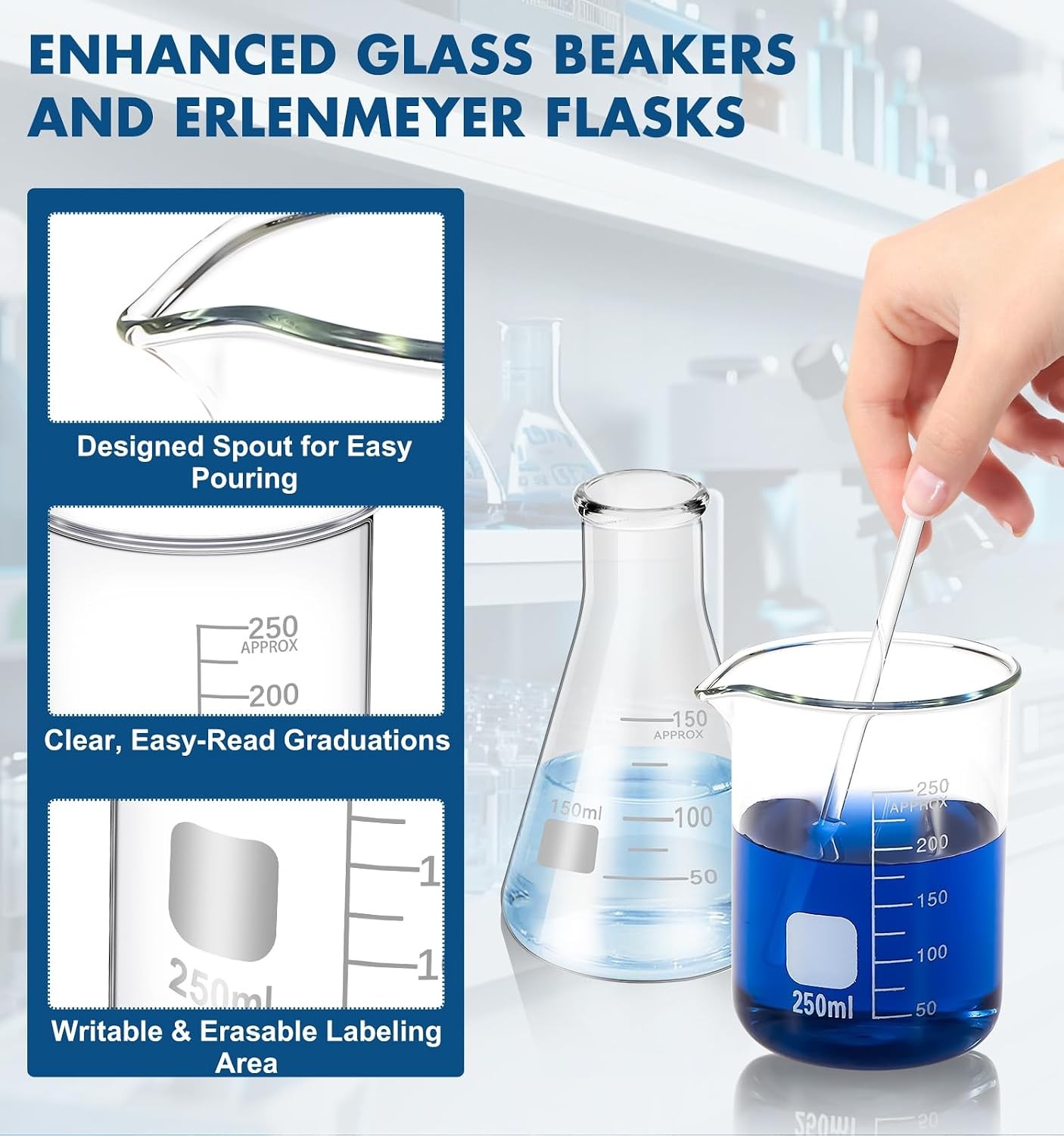Set of 19 Laboratory Glassware Set Science Lab Chemistry Beaker 50/100/250/500ML