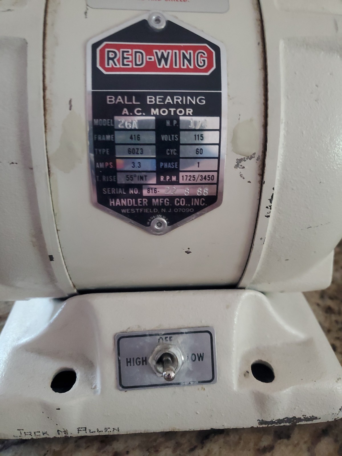 Handler Red Wing Polishing Lathe Model 26A 1/4 HP 1725/3450 RPM