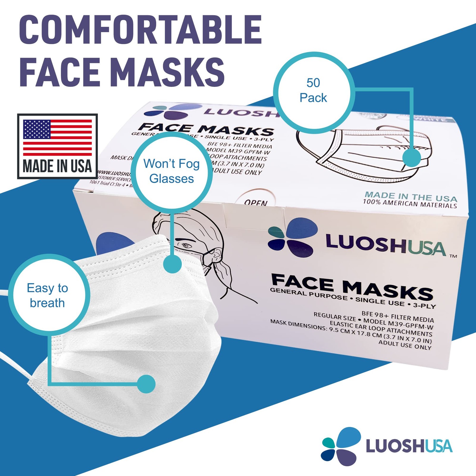 3 Ply Made in USA, 50 Pack Disposable Masks for Adults, ASTM Level 3, Large S…