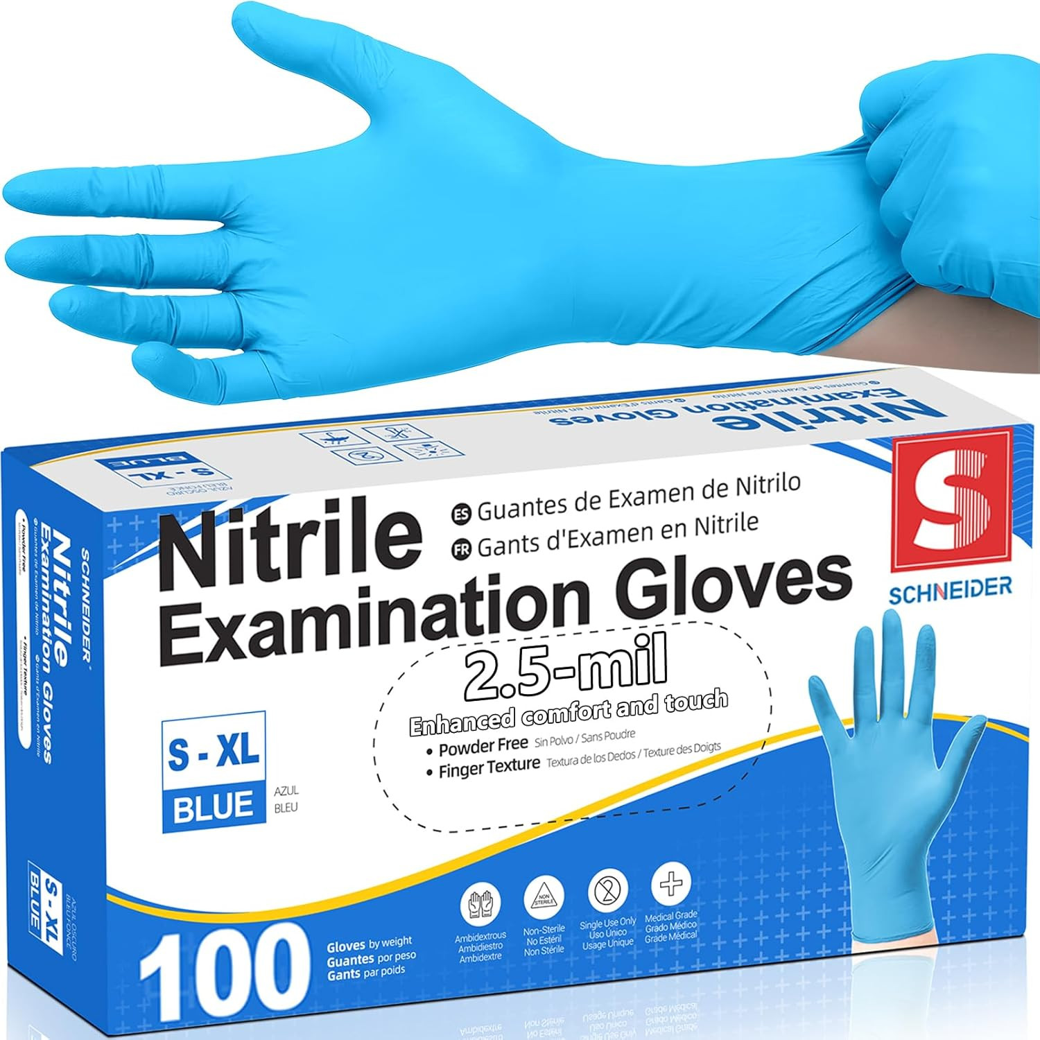Schneider Nitrile Exam Gloves, Blue Disposable Gloves Latex Free Powder Free for