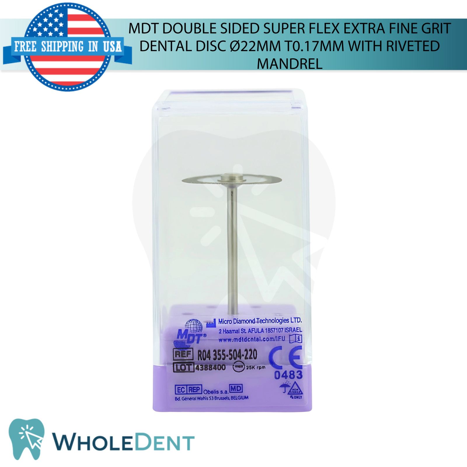 Double Sided Fine Grit Diamond Dental Lab Disc Ø22mm T0.3mm Riveted Mandrel
