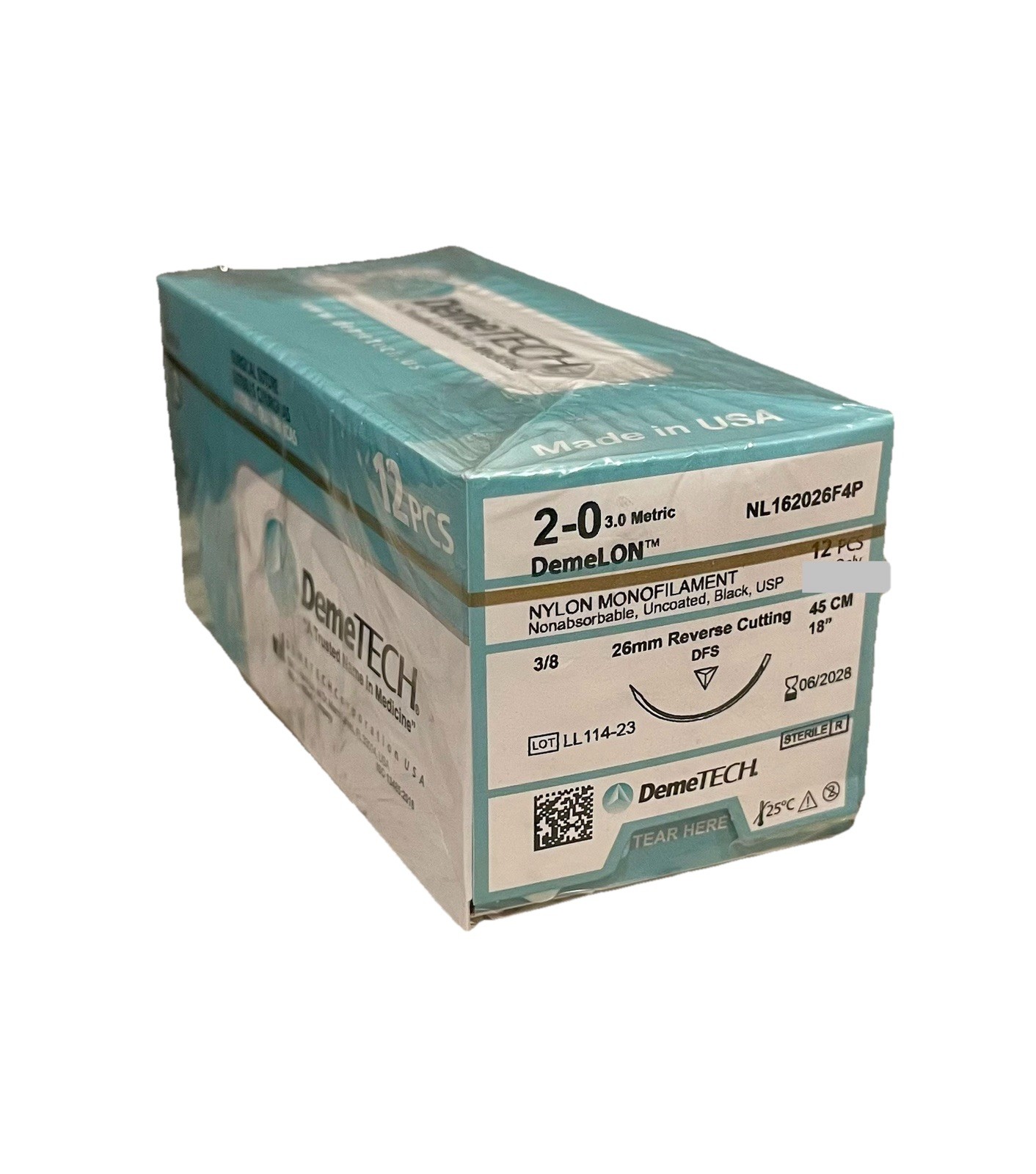 2-0 USP Nylon Surgical Sutures 18” 26mm Reverse Cutting 3/8c EXP 06/2028 12ct