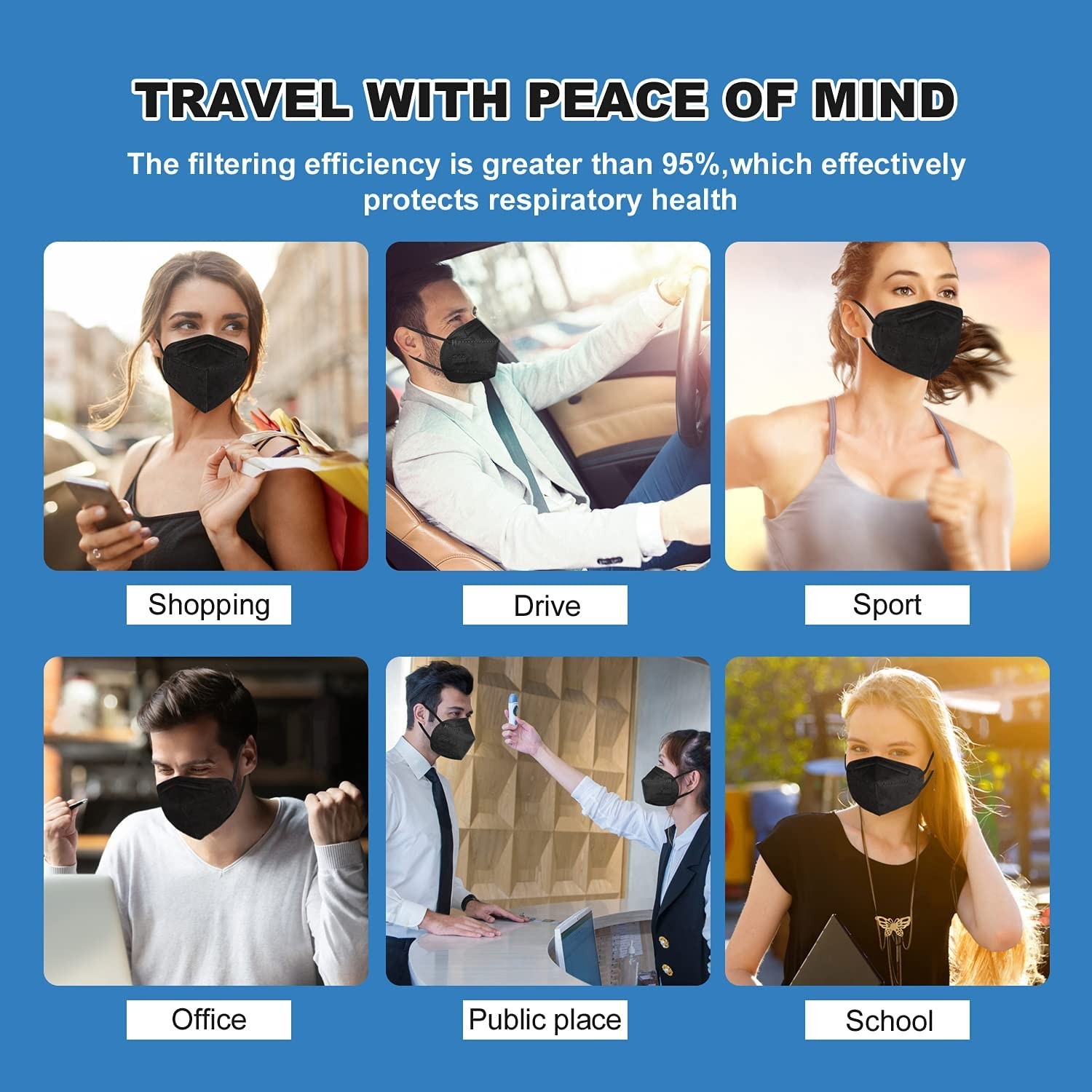 60 Pcs KN95 Face Masks, 5-Layer Cup Design, 95% Filter Efficiency, Home & Work