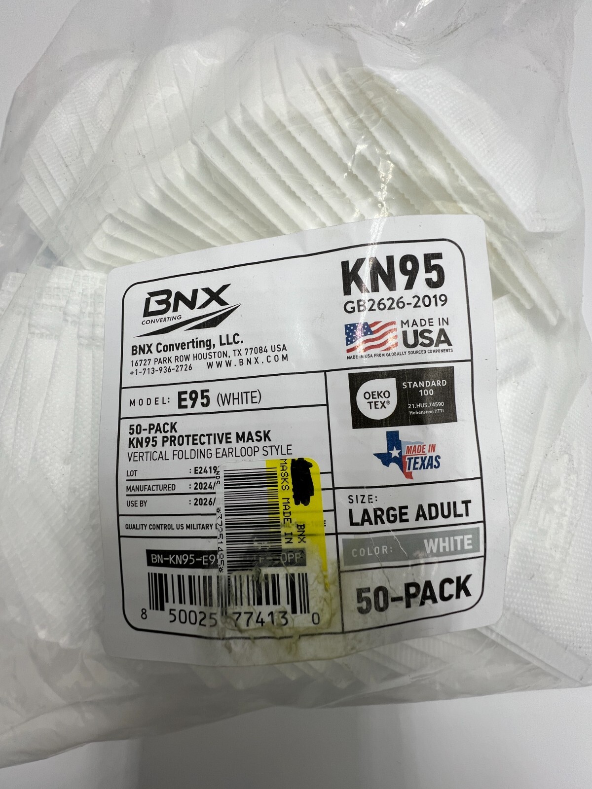(QTY 50) BNX KN95 E95 Vertical Folding Earloop Style Protective Mask White