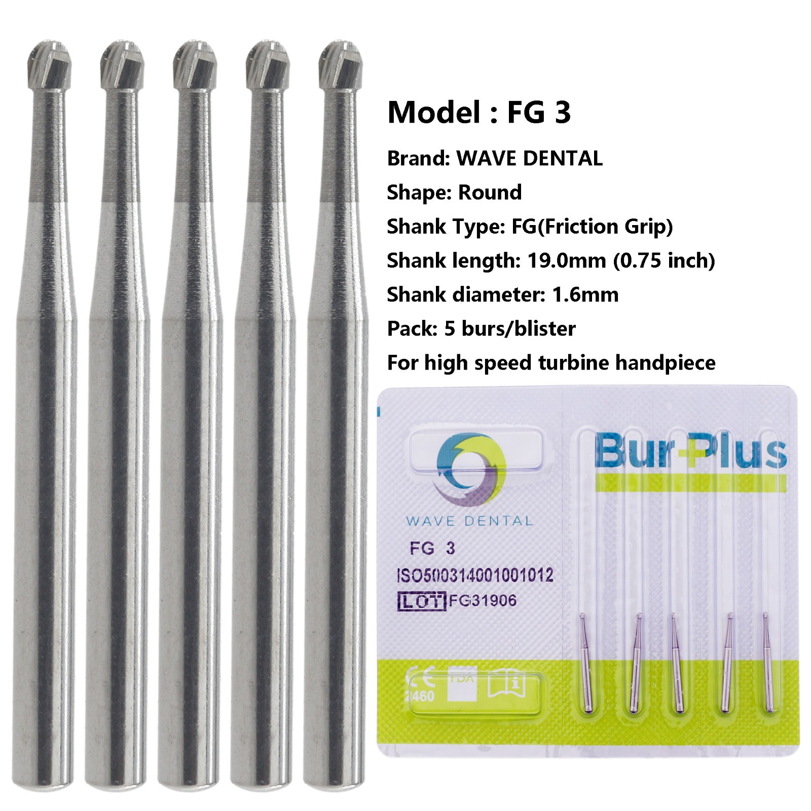 Wave Dental Carbide Burs Round for High Speed Handpiece FG 1/4 1/2 2 4 6 8 Prima