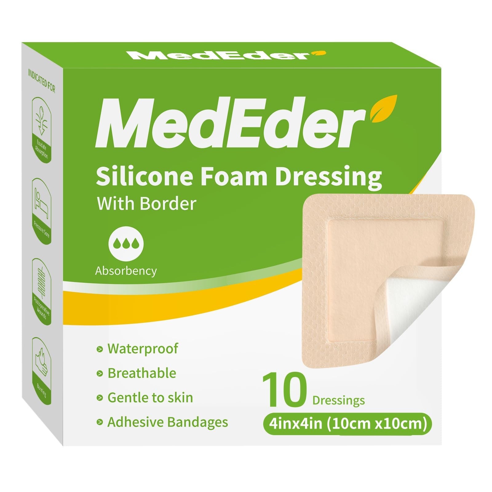Silicone Foam Dressing 4×4 with Border – 10 Pack Waterproof Wound Dressing Ba…