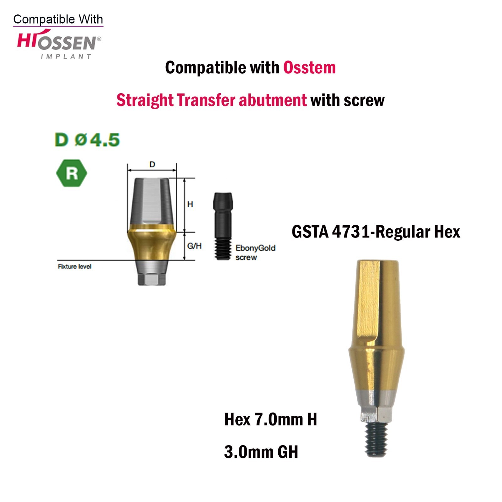 US Dental Straight Transfer Abutment Hex Regular Ø4.5For Osstem Hiossen TS 1-5mm