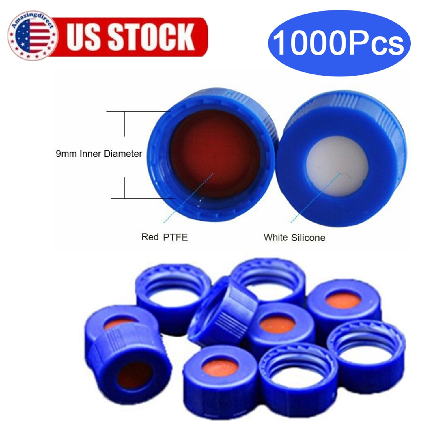 6000xAutosample Vial Cap,9-425 HPLC 2ml Vial Screw Thread Blue caps,9mm