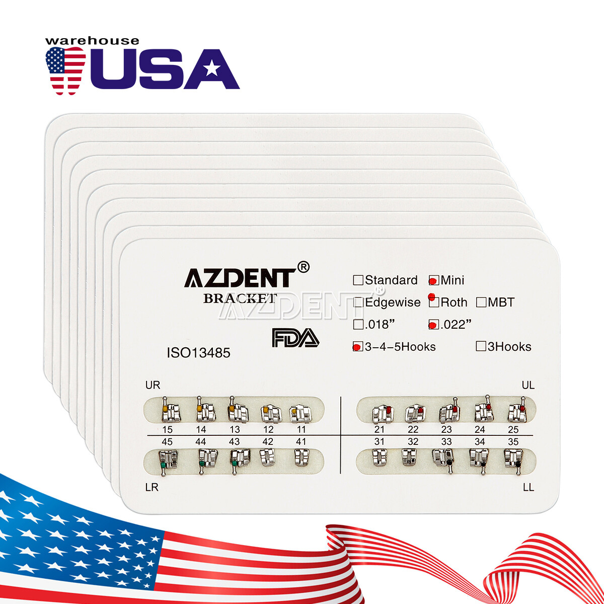 AZDENT Dental Orthodontic Brackets Braces Mini Roth Slot.022 018 Hooks 3/3 4 5
