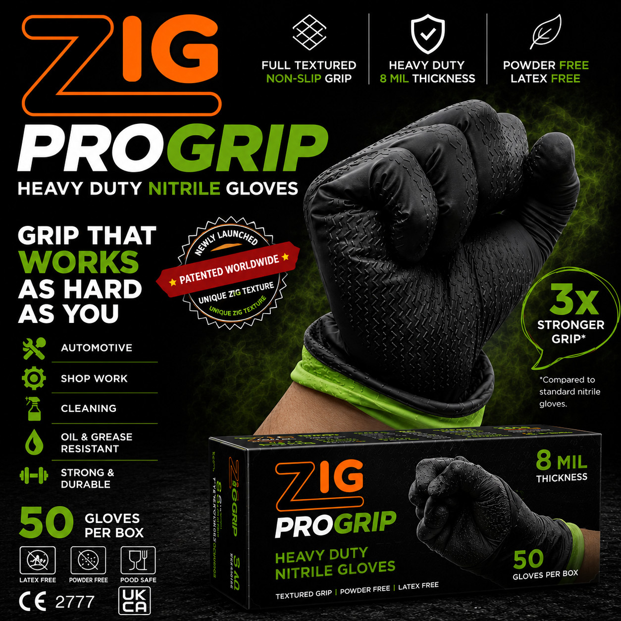 ZIG ProGrip Heavy Duty Nitrile Gloves 8 Mil Textured Grip 50 Pack