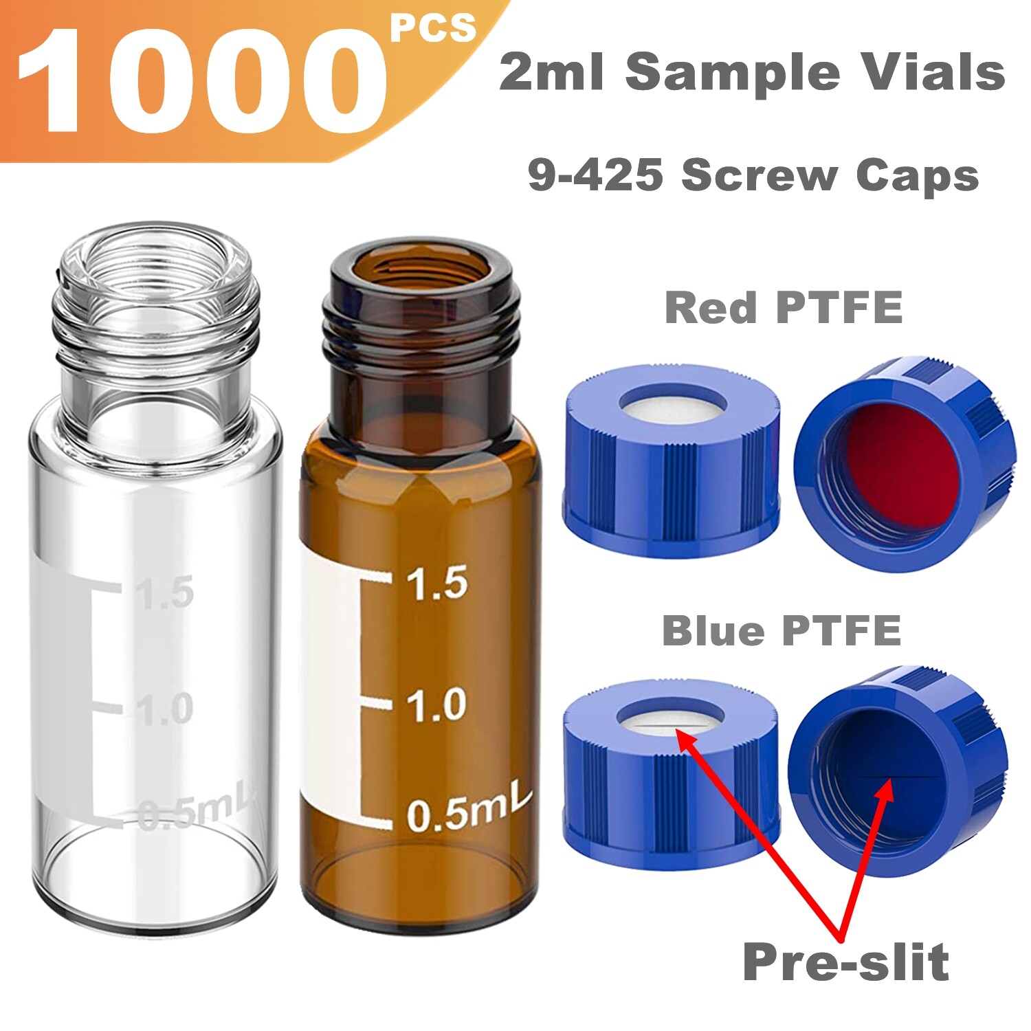 1000x Lab 2ml 9-425 Autosampler Glass Amber/Clear Vials Screw Cap PTFE Silicone