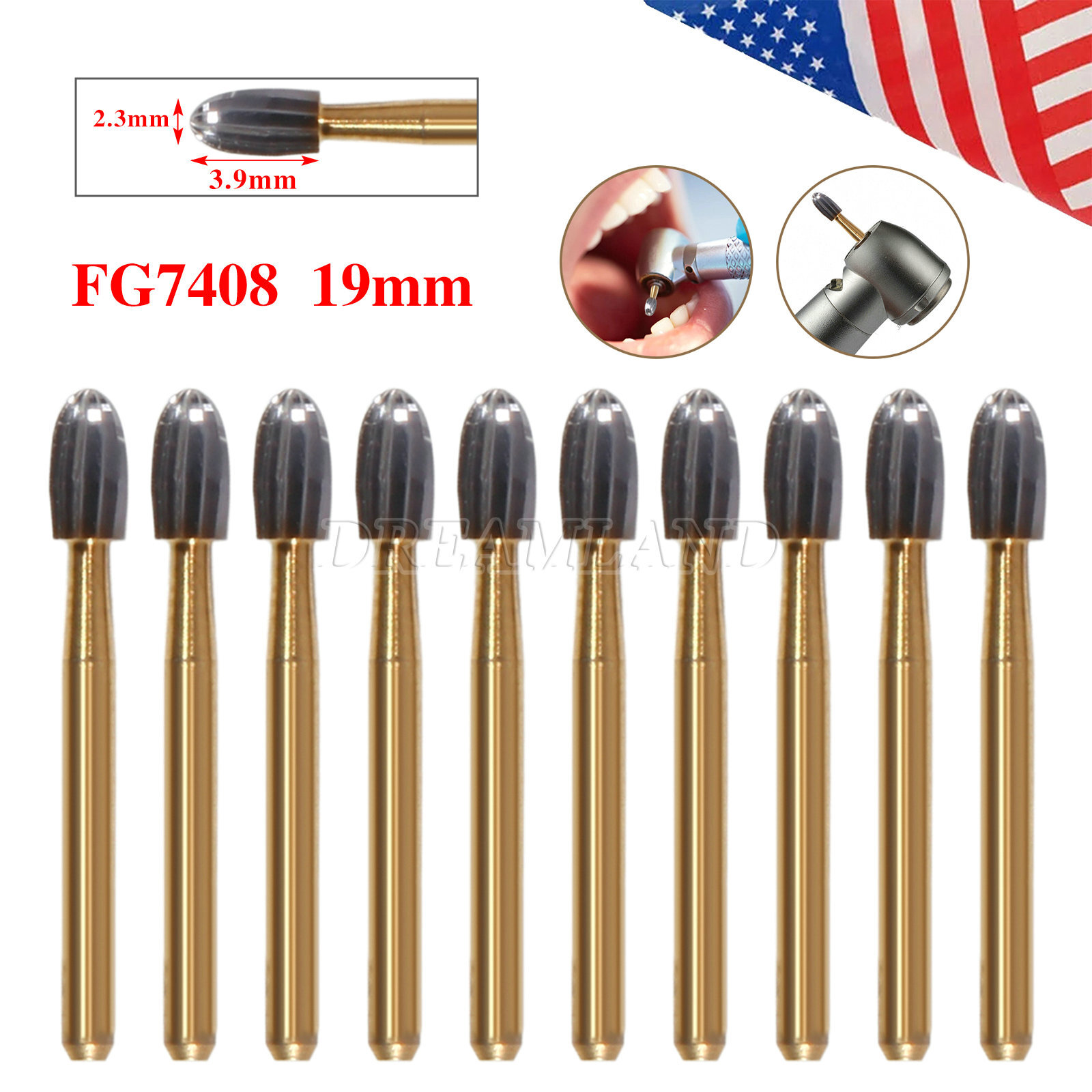 10Pcs Dental Tungsten Carbide Burs Trimming & Finishing Egg Football Bur FG 7408