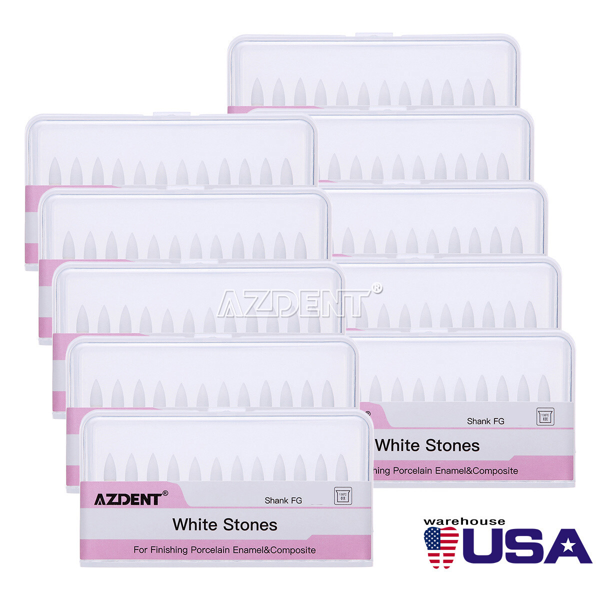 10 Packs AZDENT Dental FG Polishing Burs White Stone Flame Mounted Abrasion Burs