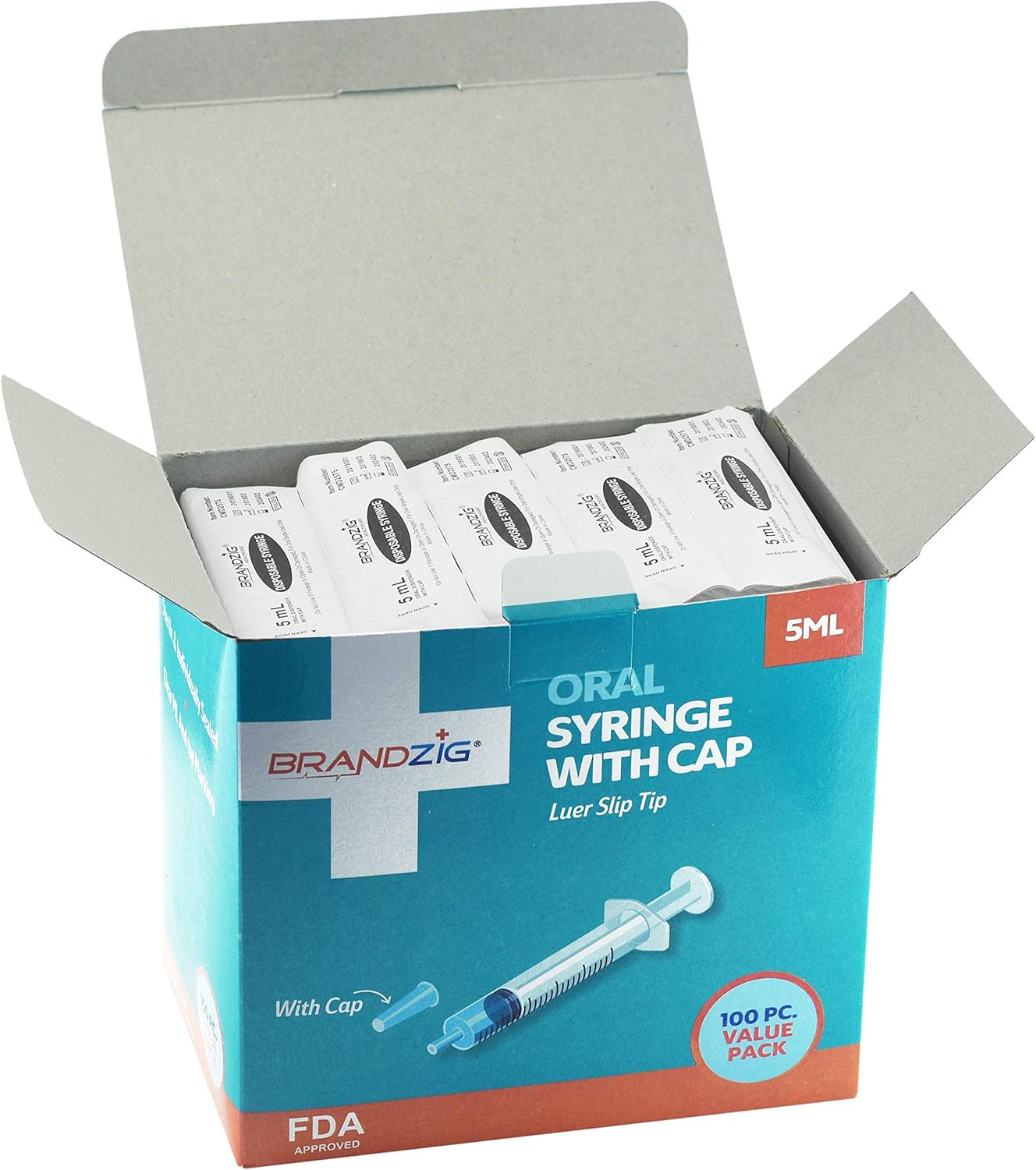 5Ml Syringe with Cap (100 Pack) | Oral Dispenser without Needle, Luer Slip Tip,