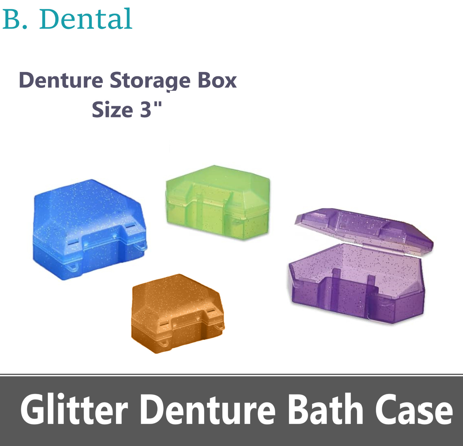 Dental Denture Box GLITTER DENTURE BATH CASE Retainer Case- 3′ Deep, 1/Ea