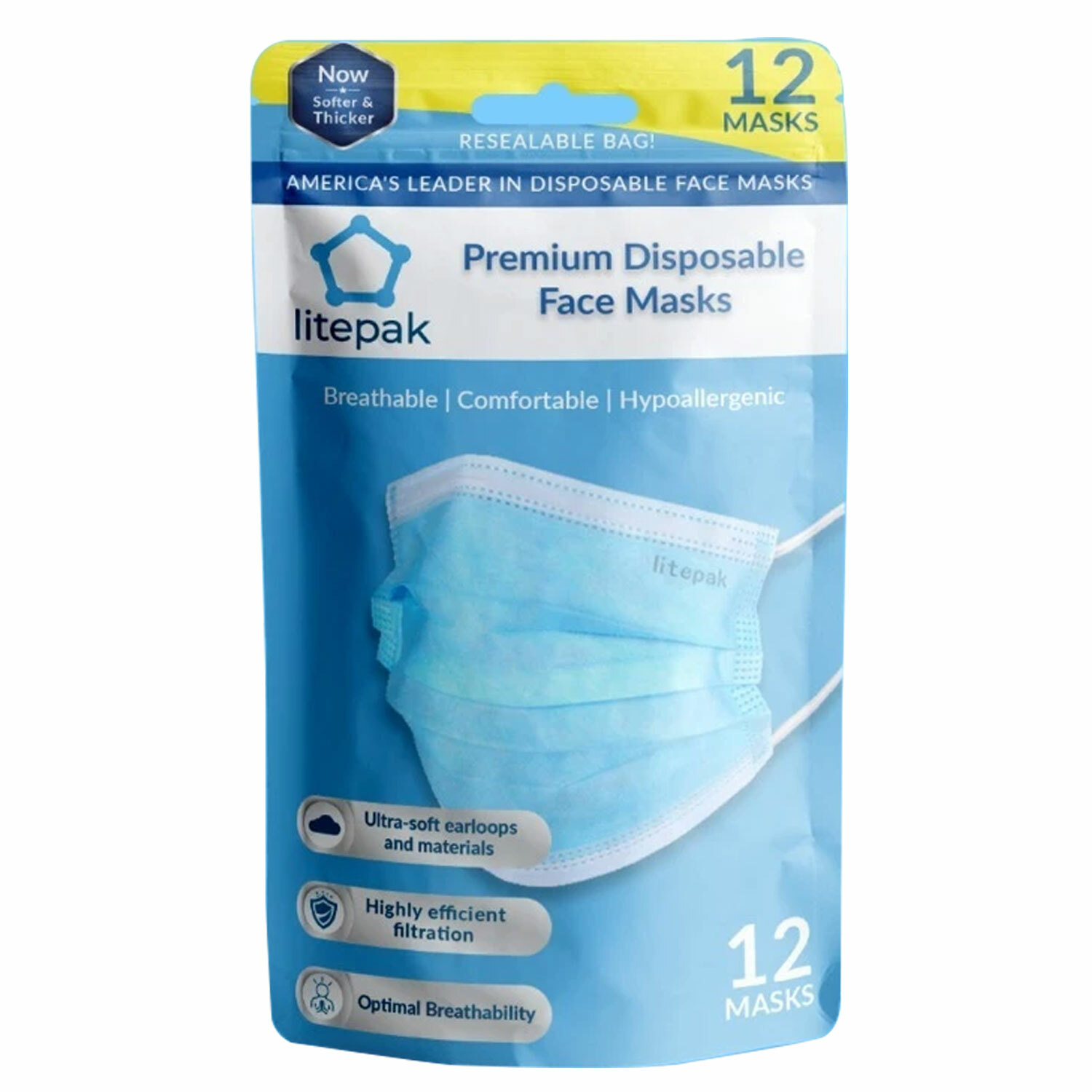 2400ct Litepak Disposable 3 Ply Blue Face Mask Hangable Bag Bulk Lot Wholesale