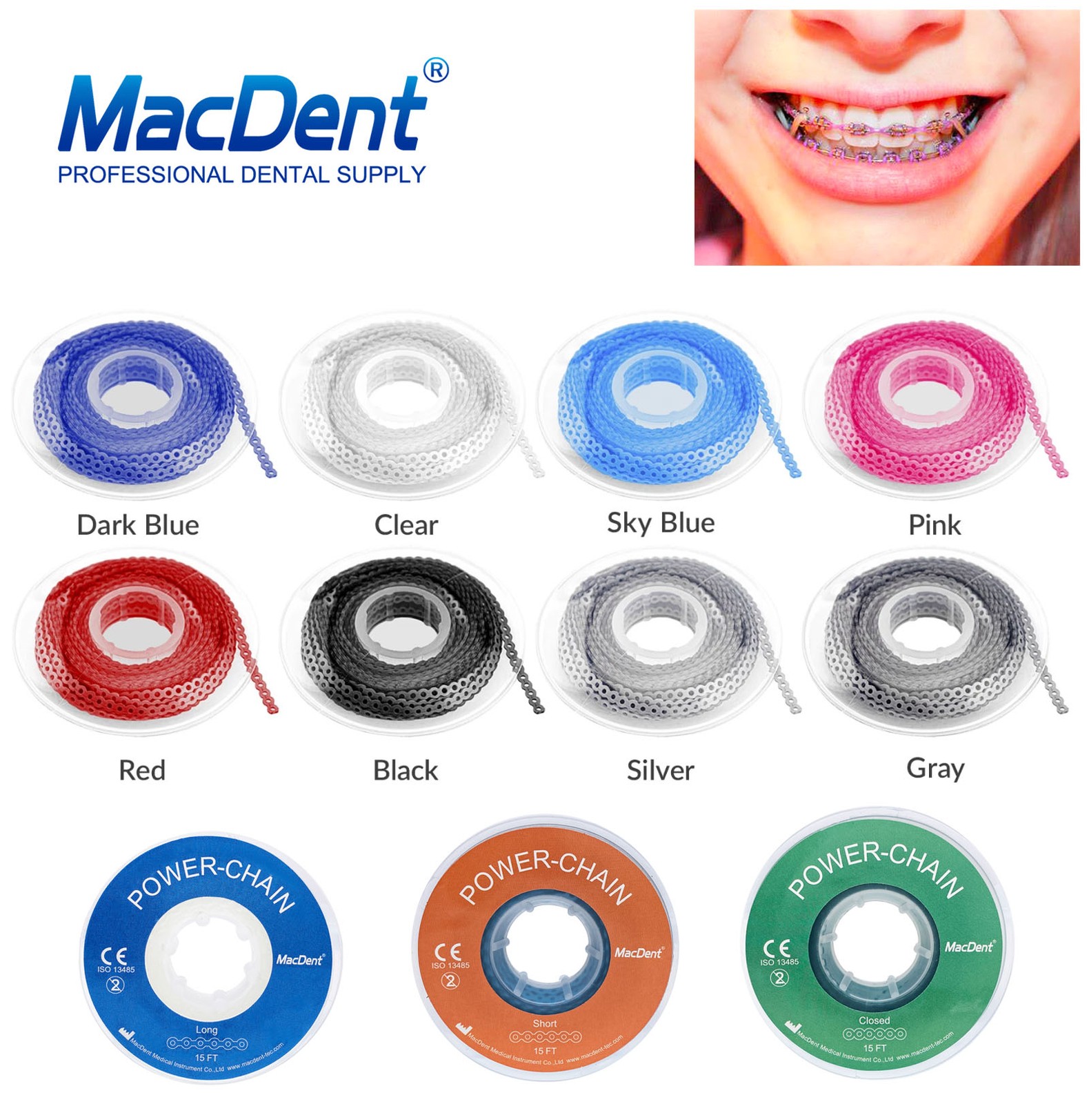 Dental Ortho Elastic Ultra Power Chain Rubber Braces Bands Long/Short/Continuous