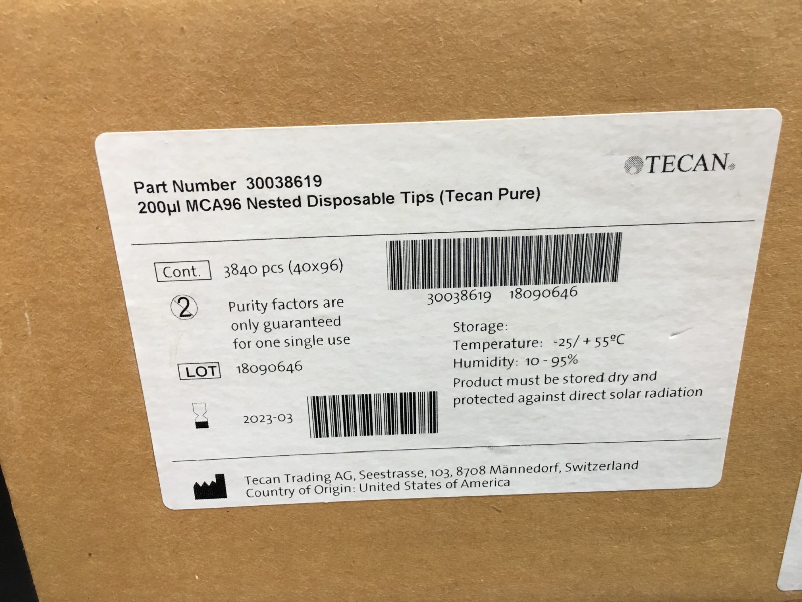 Tecan PN 30038619 Disposable Tips Non Filtered Pure Nested 200µL 3840Pcs 40×96
