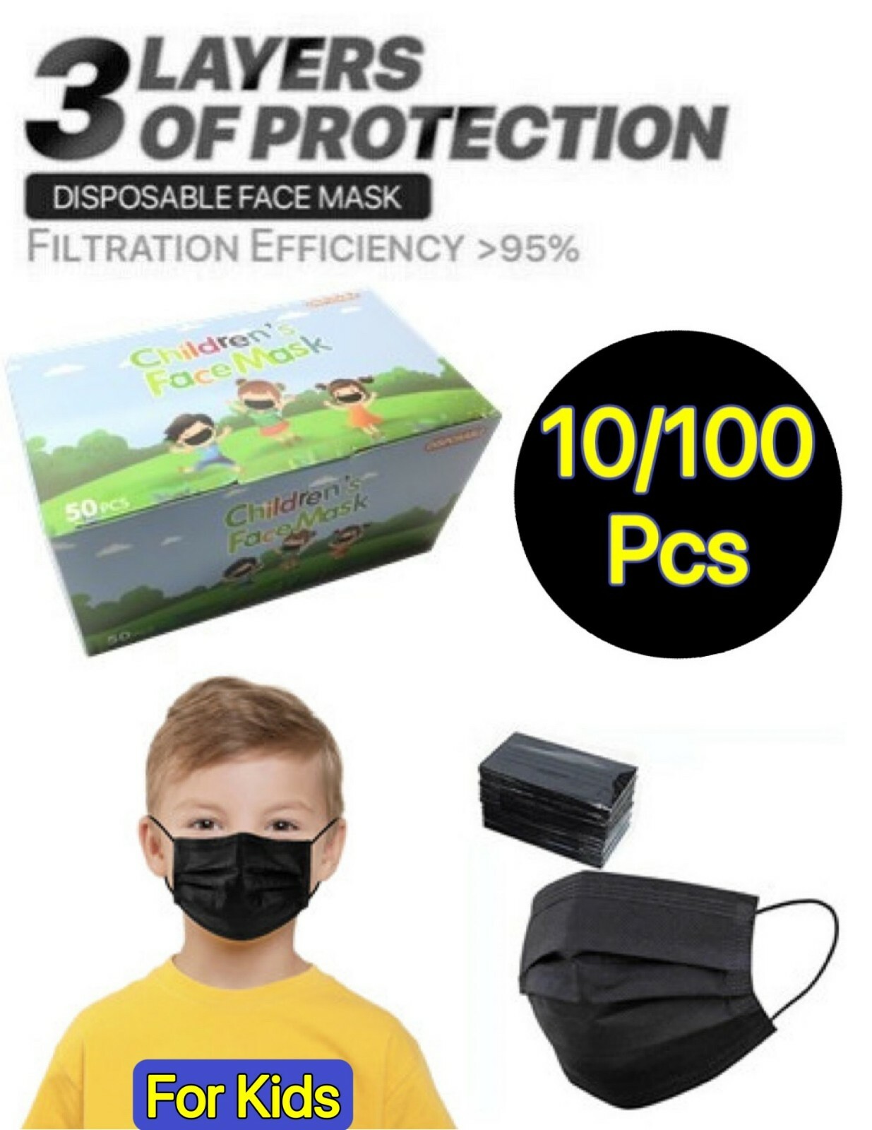 100/50/10 Pcs Black Face Mask Mouth Cover Protector Respirator Filter Kids Masks
