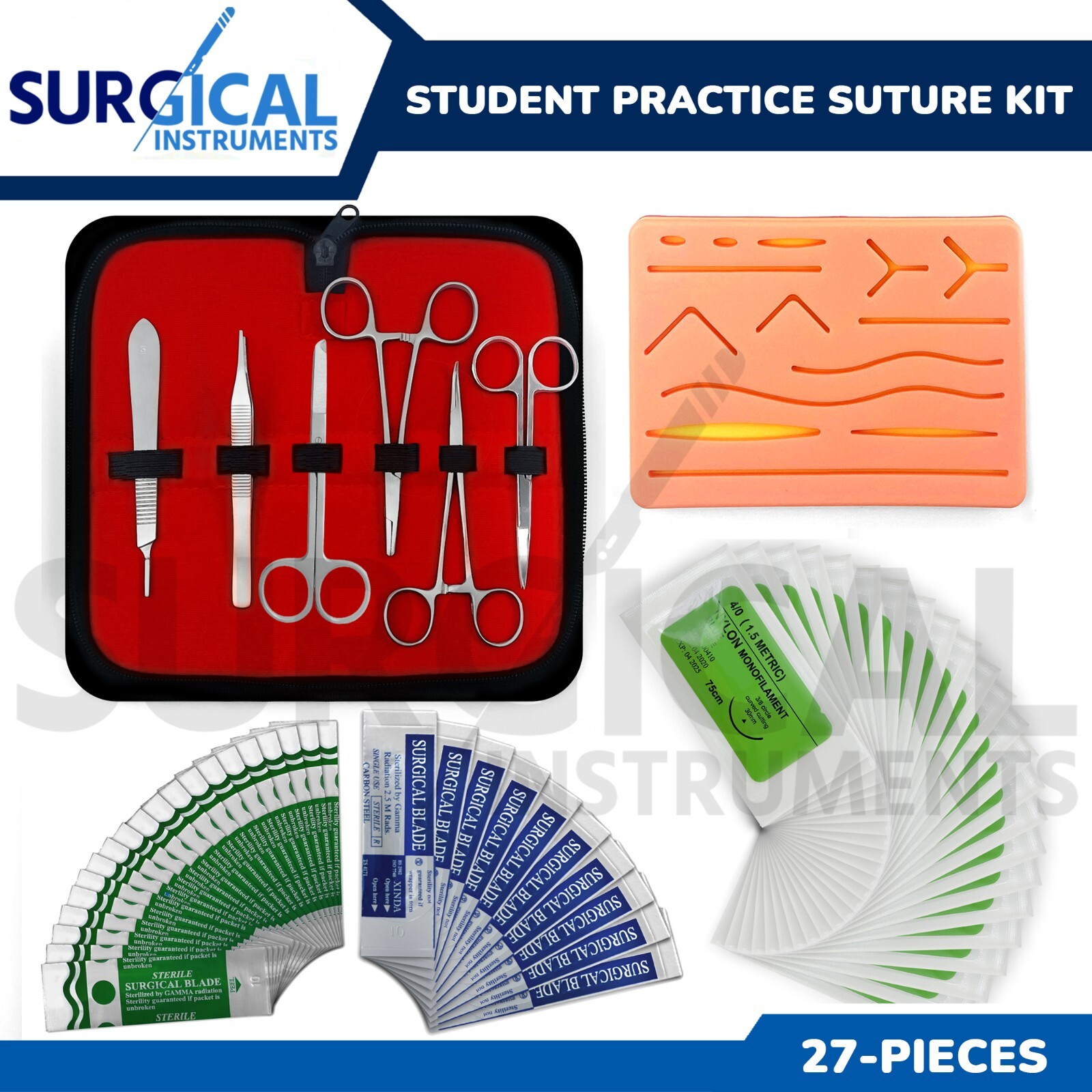 27 Piece Practice Suture Kit Set for Medical and Veterinary Student Training