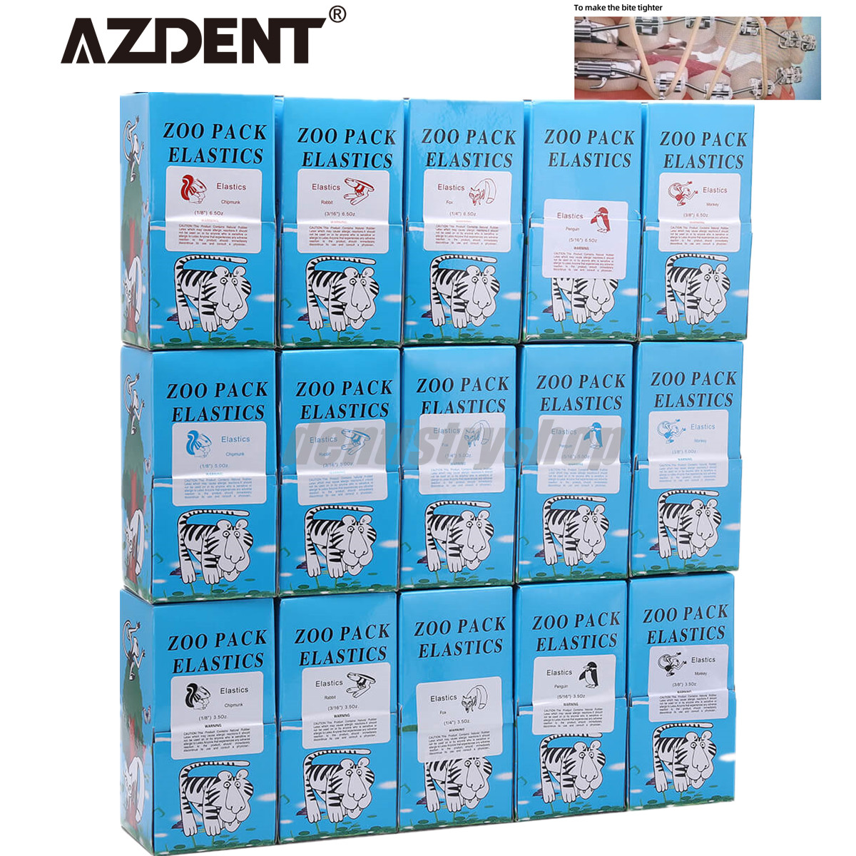 15 Sizes AZDENT Dental Orthodontic Elastics Braces Rubber Bands 3.5/5.0/6.5 OZ