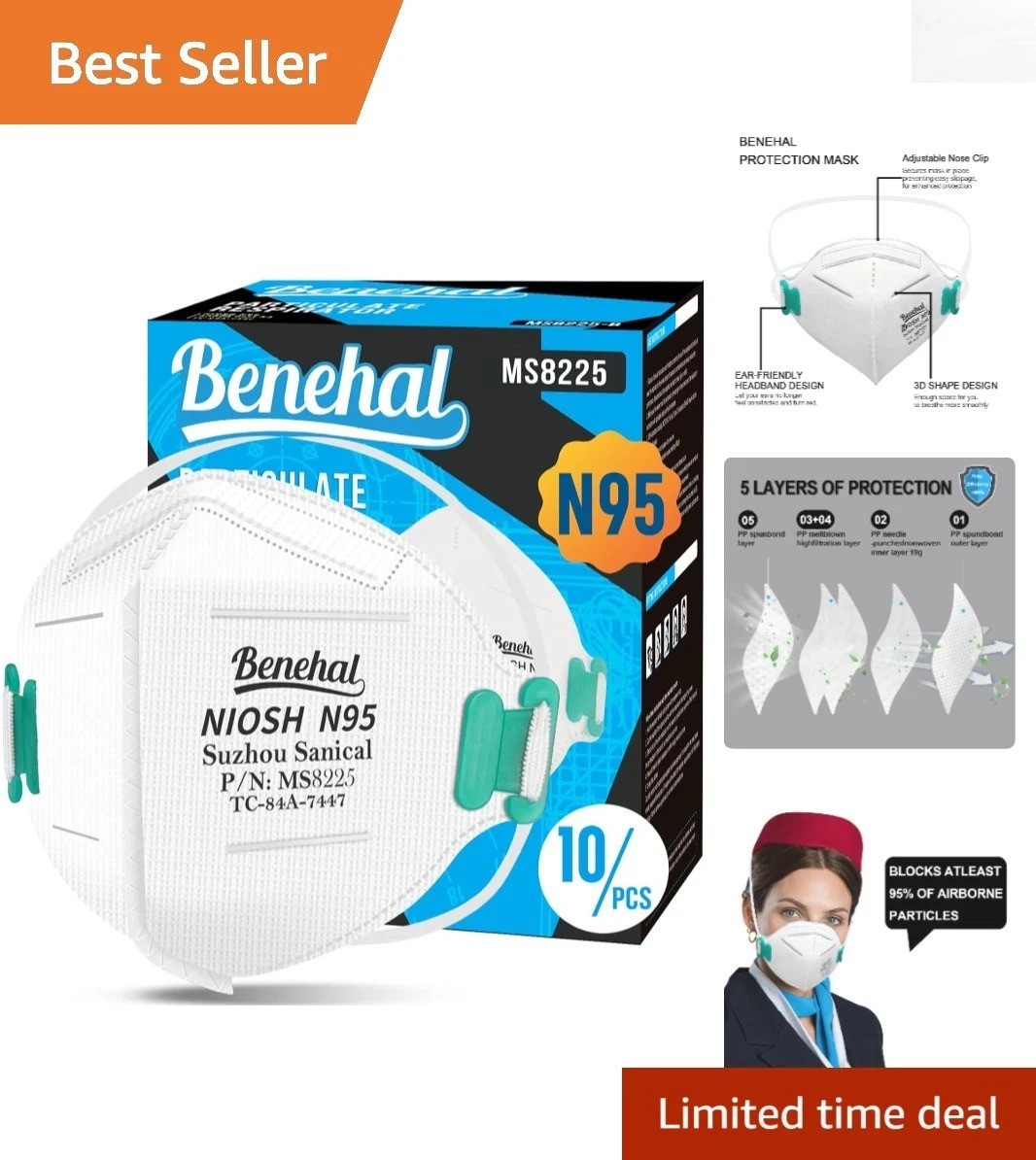 Lightweight 10 Count N95 Respirator Masks | Certified 95% Filtration, Adult Fit