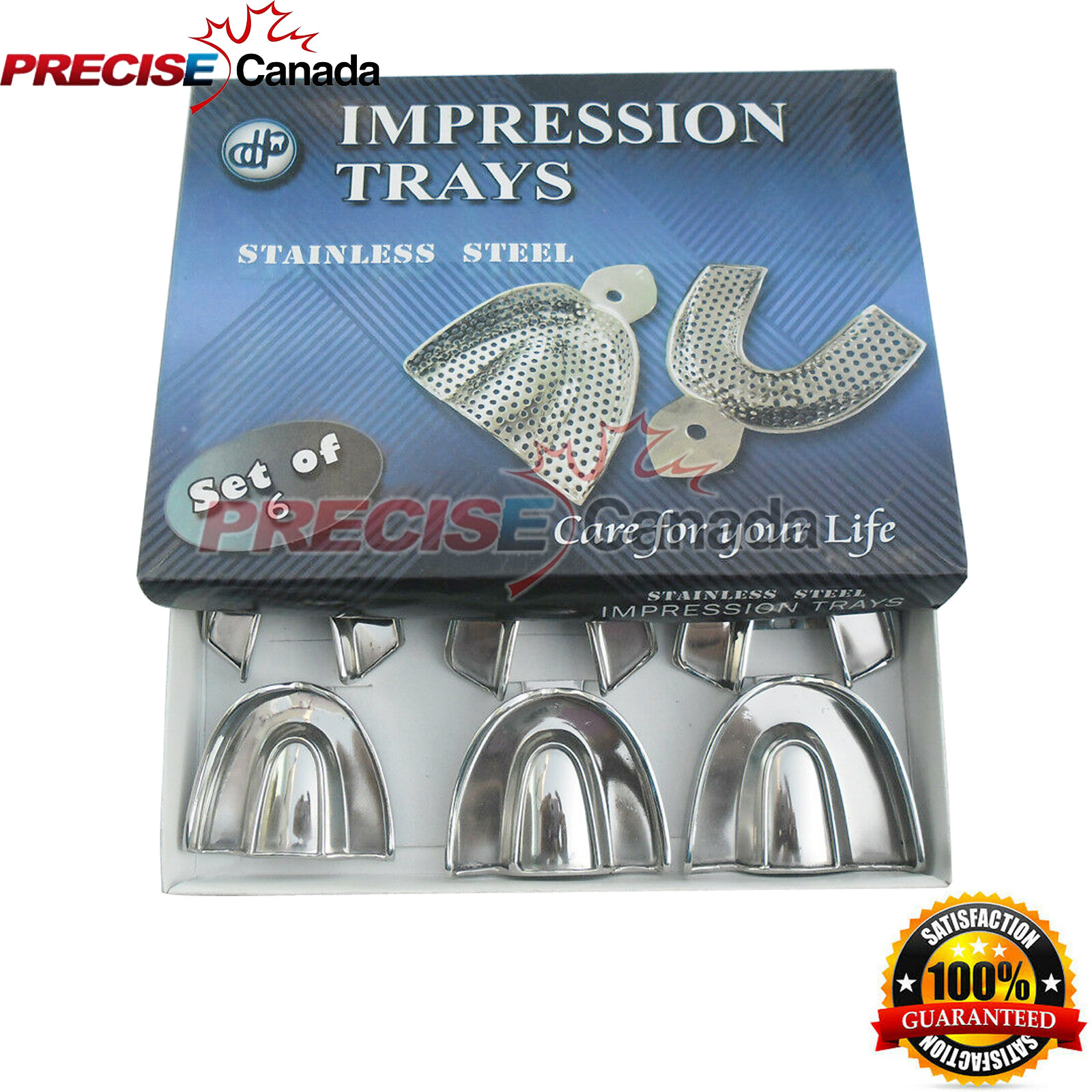 6 Pcs Dental Autoclavable Stainless Steel Non-Perforated Metal Impression Trays