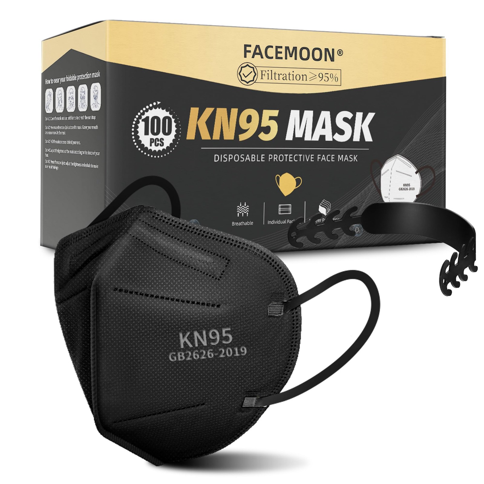 KN95 Face Mask Disposable Adults – 100 Pack 5 1 Count (Pack of 100), Black