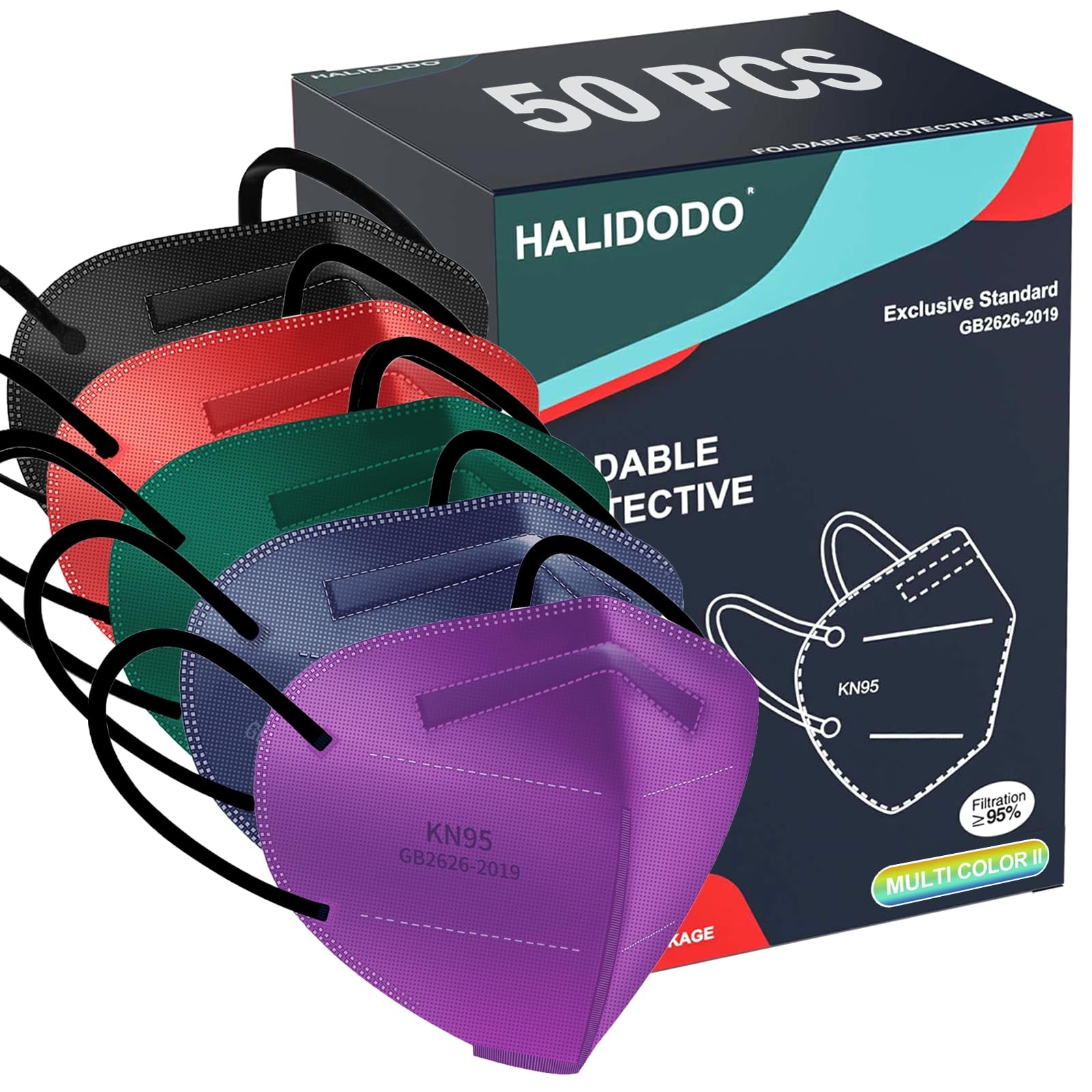 HALIDODO 50 Pack KN95 Face Masks Multi-Color MTC II