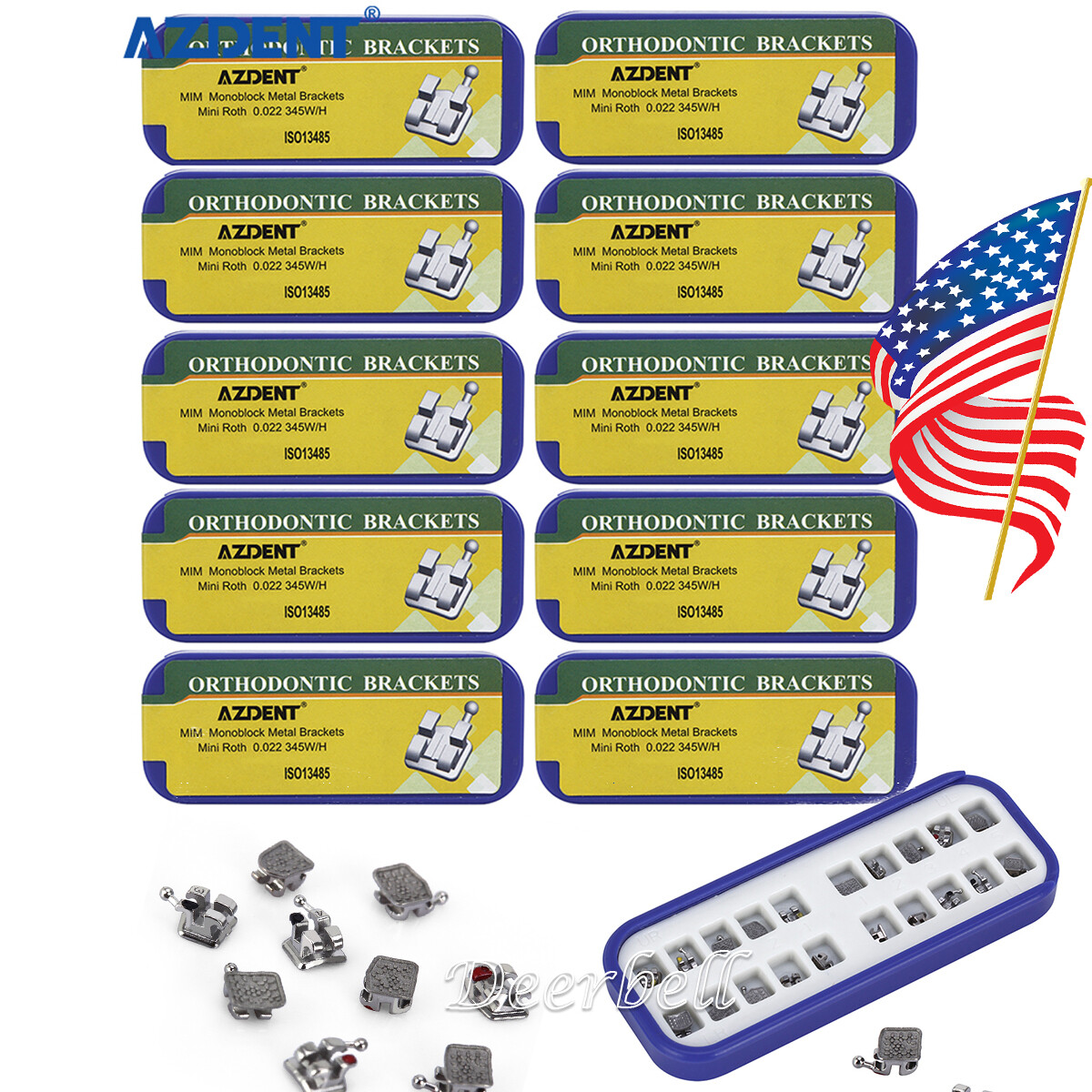 AZDENT Dental MIM Monoblock Metal Bracket Braces Mini Roth.022 345 Hooks
