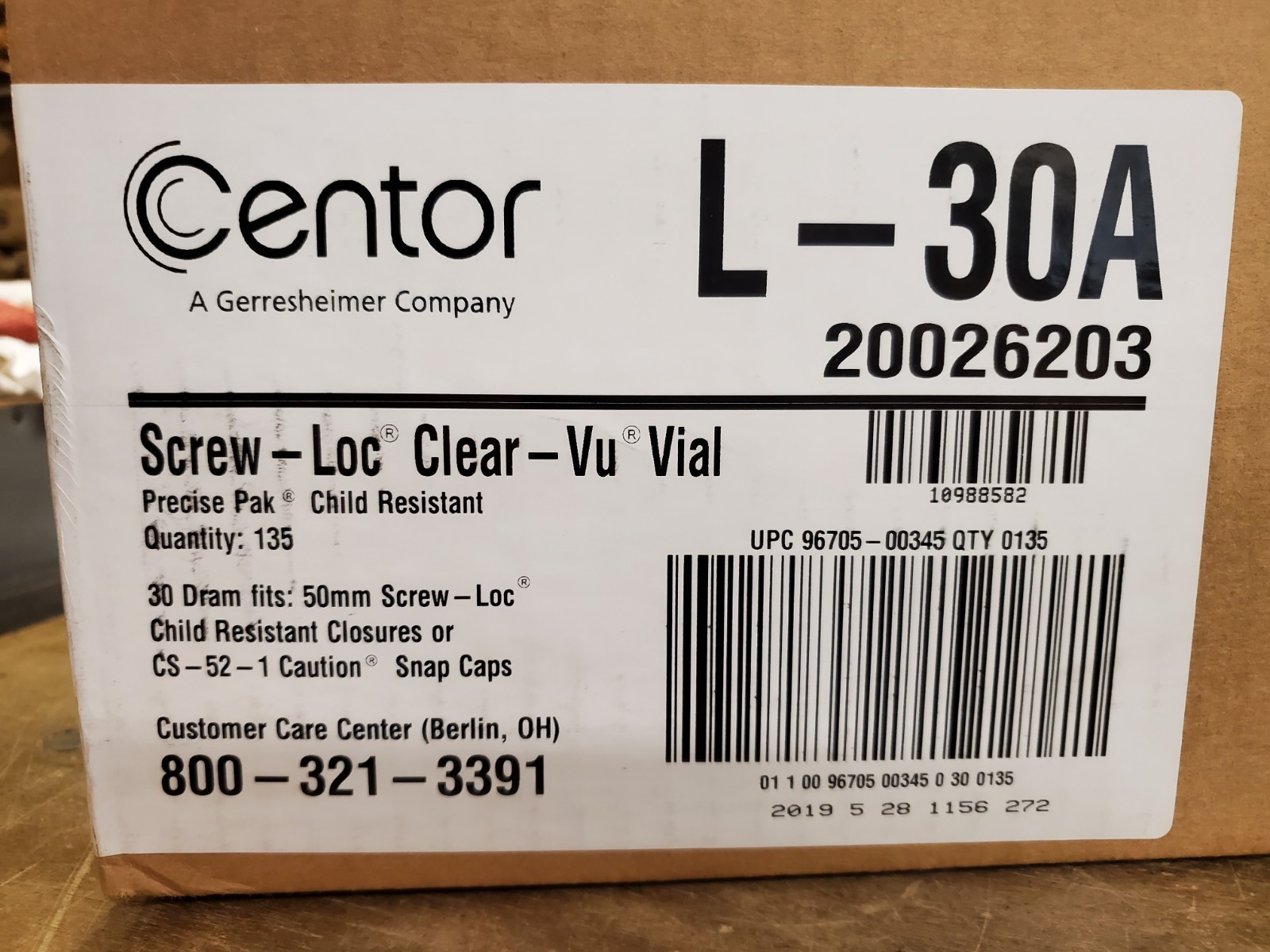 135 Pack Centor L-30A Screw-Loc Clear-Vu 30 Dram Prescription Vial Bottles, New