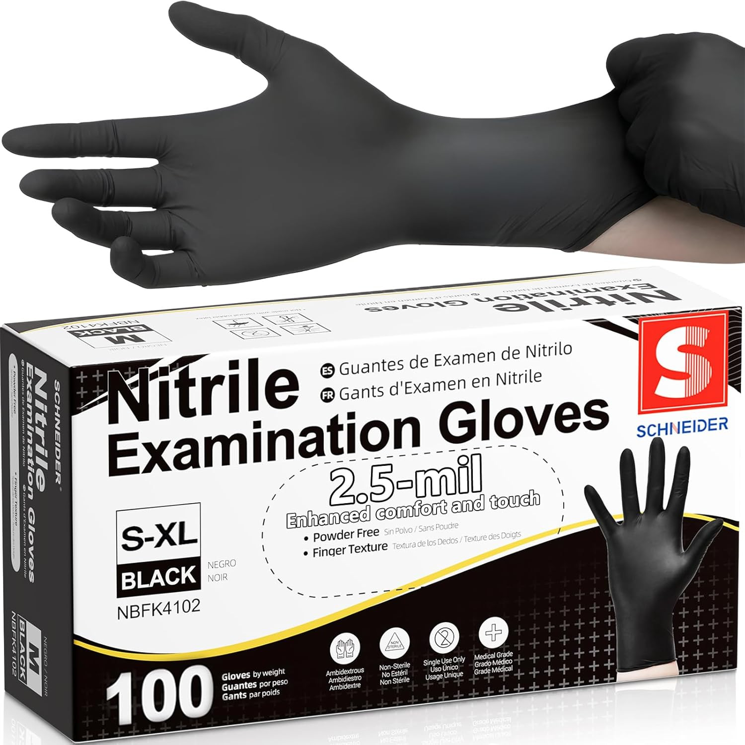 Schneider Black Nitrile Gloves, Powder Free, Disposable Gloves Latex Free for Me