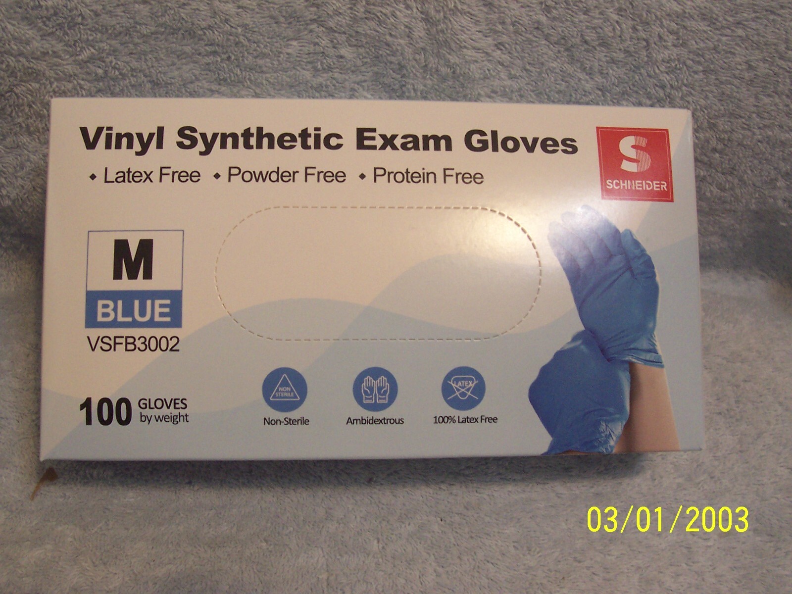 5 Boxes Schneider Vinyl Synthetic Exam Gloves Size Medium Blue 100 Per Box