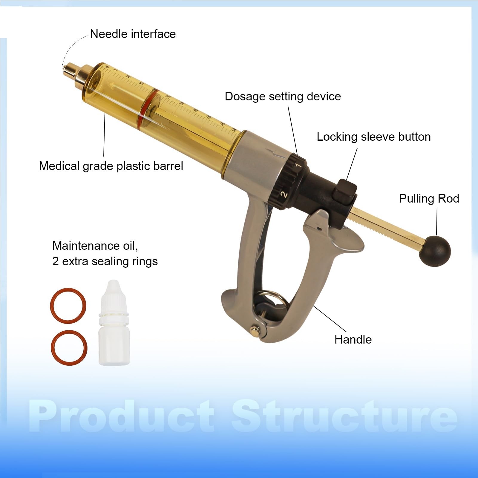 50ML Semi Automatic Livestock Syringe, 5 Gears Adjustable Continuous Repeating L