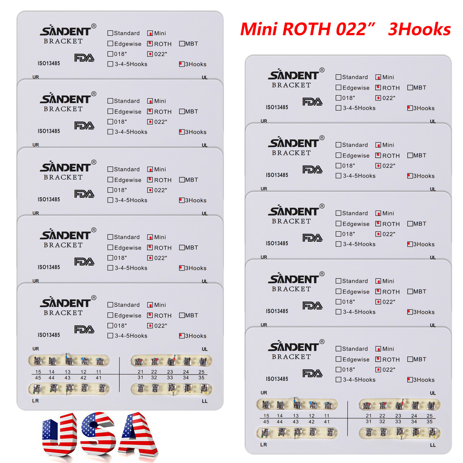 10 bags Dental Orthodontic Braces Bracket Mini Roth 022″Slot w/ 3hooks 200PCS ns